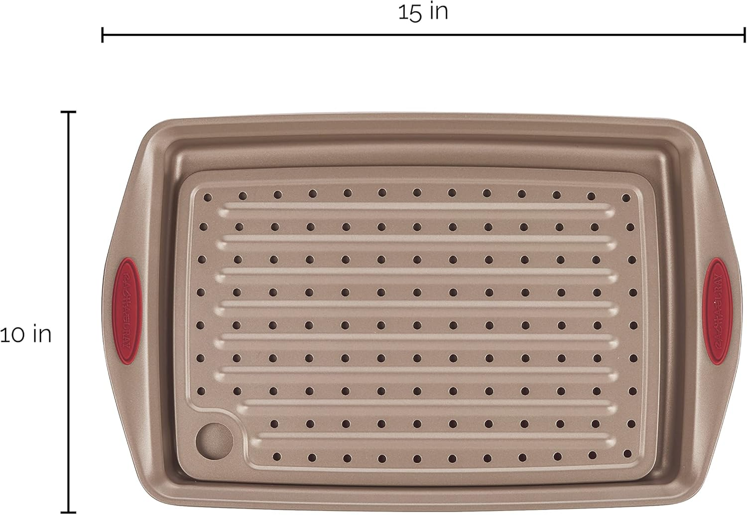 Rachael Ray 2 Piece Cucina Nonstick Bakeware Crisper Pan Set, Latte Brown with Cranberry Red Handle Grips