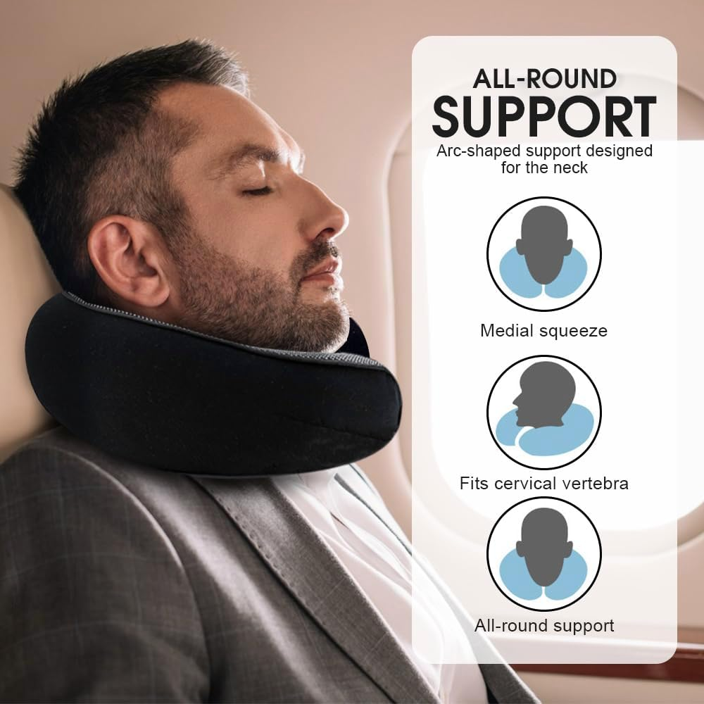 Neck Travel Pillow for Airplanes, Memory Foam 360 Degree Support Pillow with Removable Cover, Compact and Ergonomic Neck Pillow for Travel Home Cars Office, Lightweight & Portable (Black) image number 1