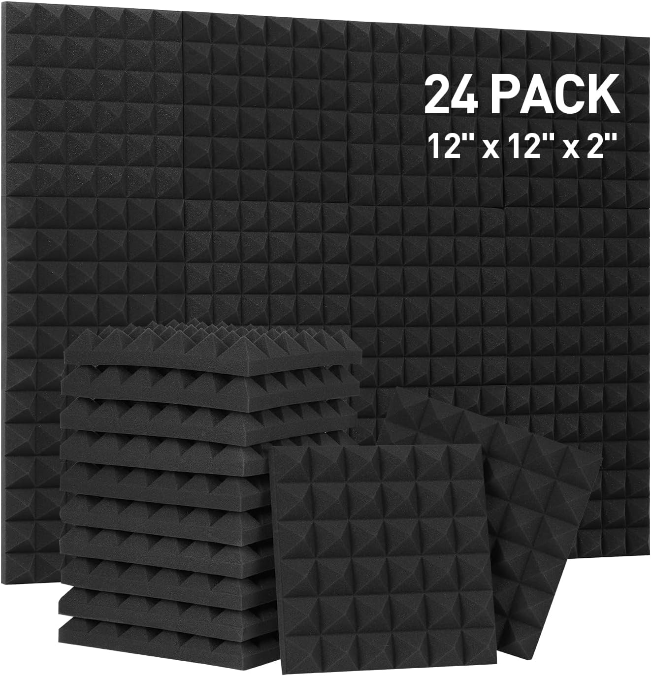 24 Pack Sound Proof Panels, Acoustic Foam Panels 12X12X2 Inches Black Acoustic Panels, High Density Soundproofing Panels, Fire-Retardant Sound Absorbing Foam for Studio Recording