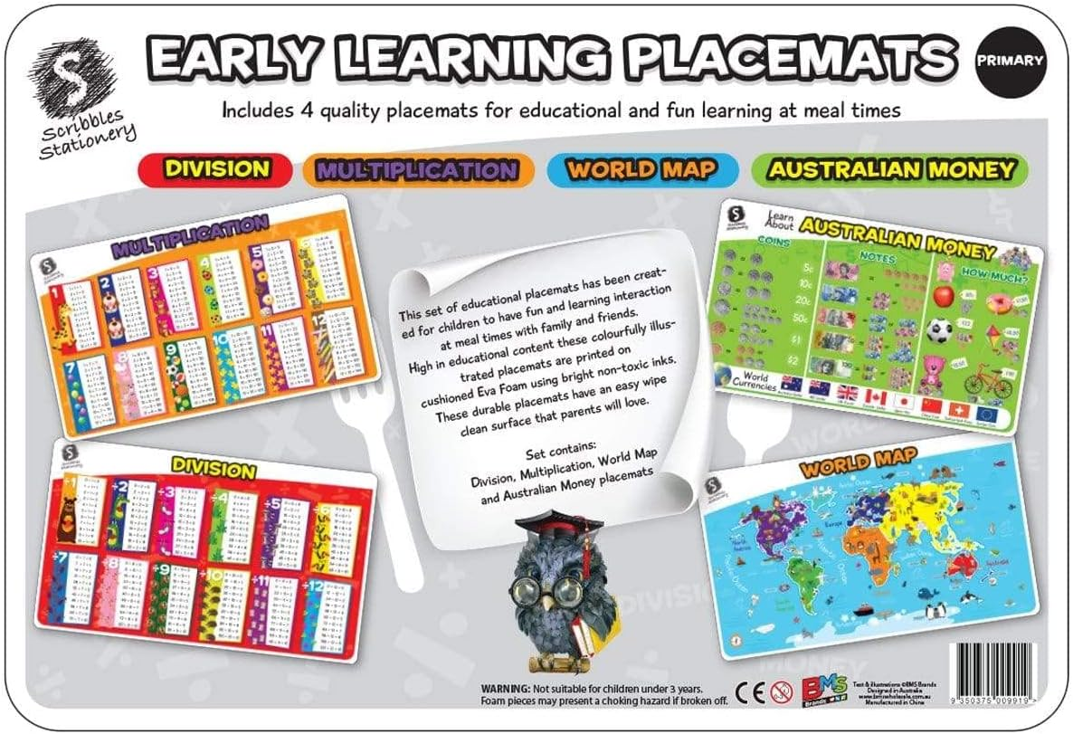 Primary Early Learning Educational Placemats 4 Pack