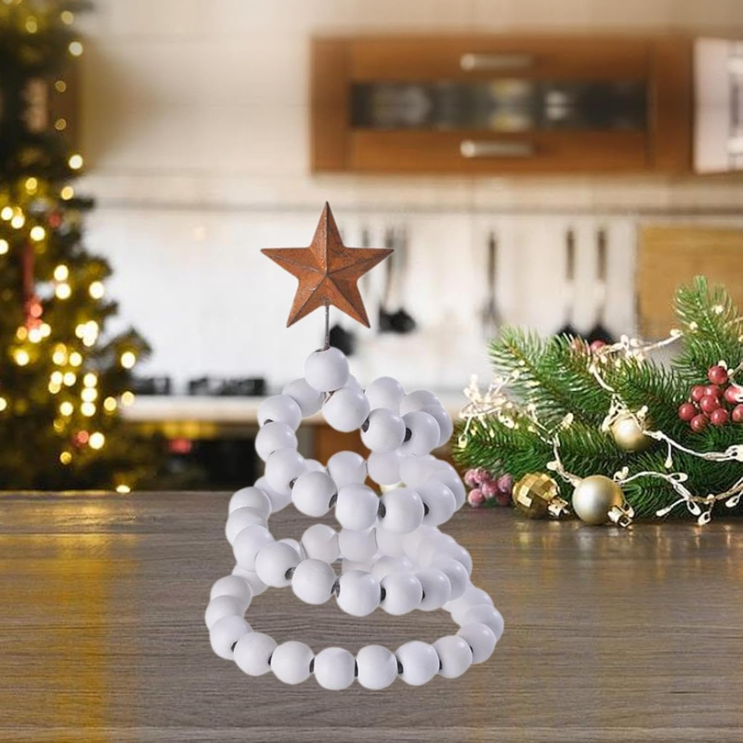 Mini Desk Christmas Tree, Wooden Bead Decorative Xmas Tree with Star Topper for Mantel,Birthday,Bedroom,Wedding,Holiday,Party, White image number 5