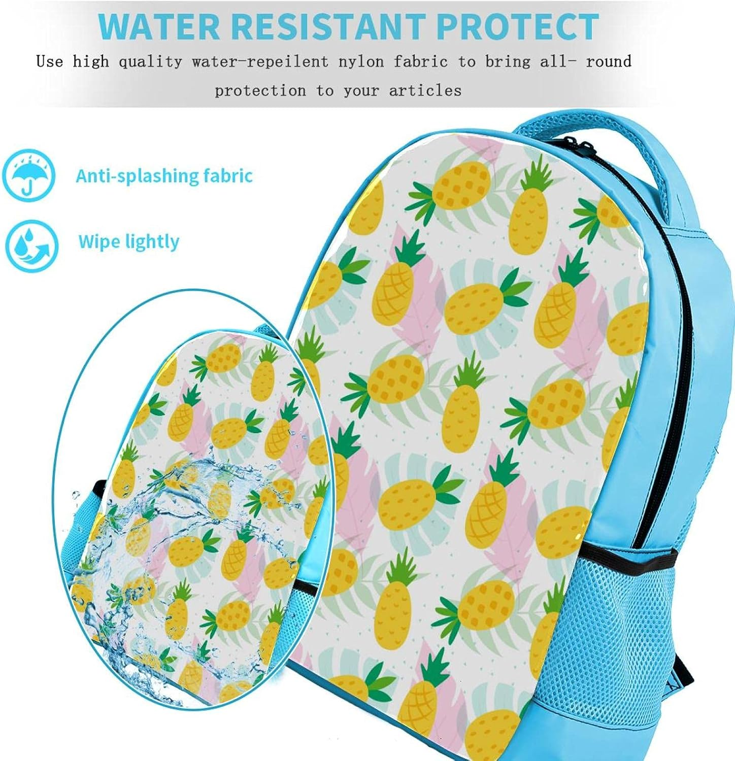 Blue Backpack Boy Bookbags Rucksack Men Travel Handbag Daypack Summer Pineapple Pink Leaves image number 2