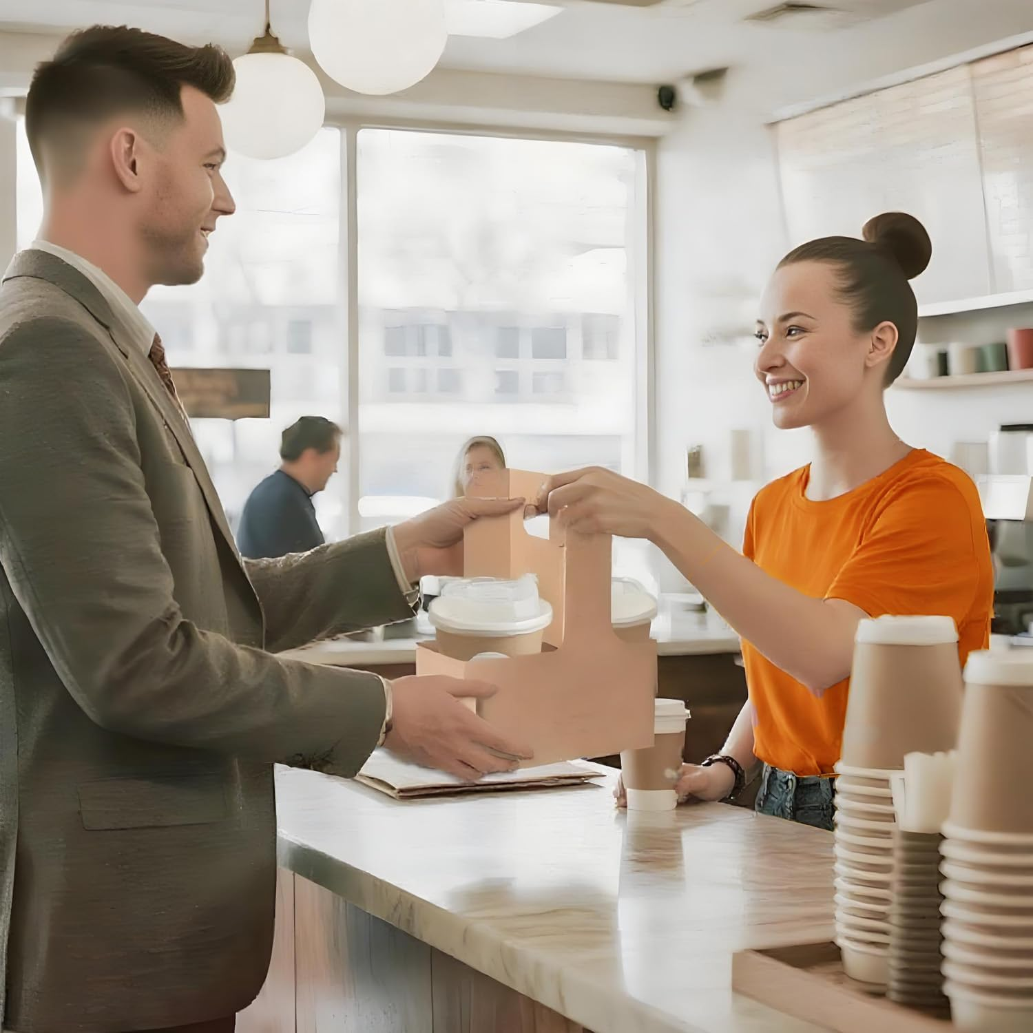 25PCS Cup Holder Set,2 Paper Cup Carrier with Handle,Cup Tray Packing Box,Paperboard,For Takeaway Hot and Cold Drinks (Brown) image number 5