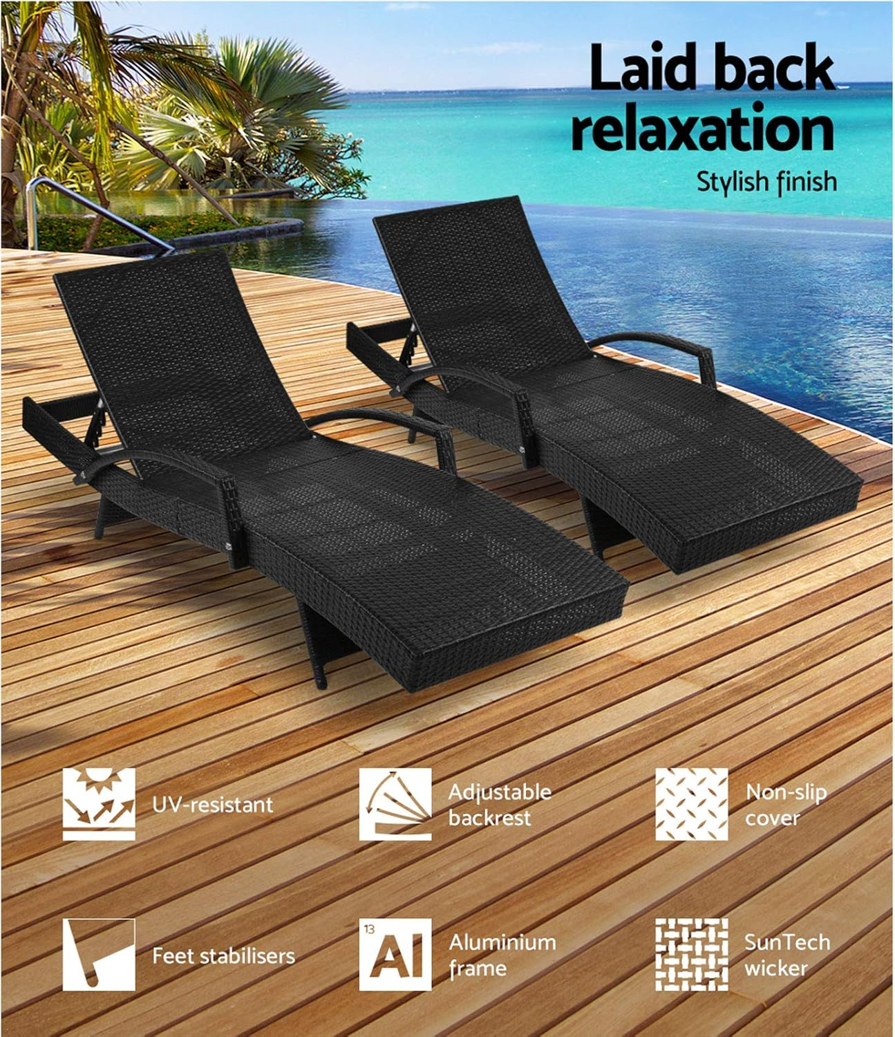 Gardeon Set 2 Sun Lounge Camping Chair Wicker Lounger Rattan Day Bed, Chaise Beach Chairs Outdoor Furniture Garden Patio Setting Pool Backyard, Cushion Armrest Adjustable Backrest Black image number 1