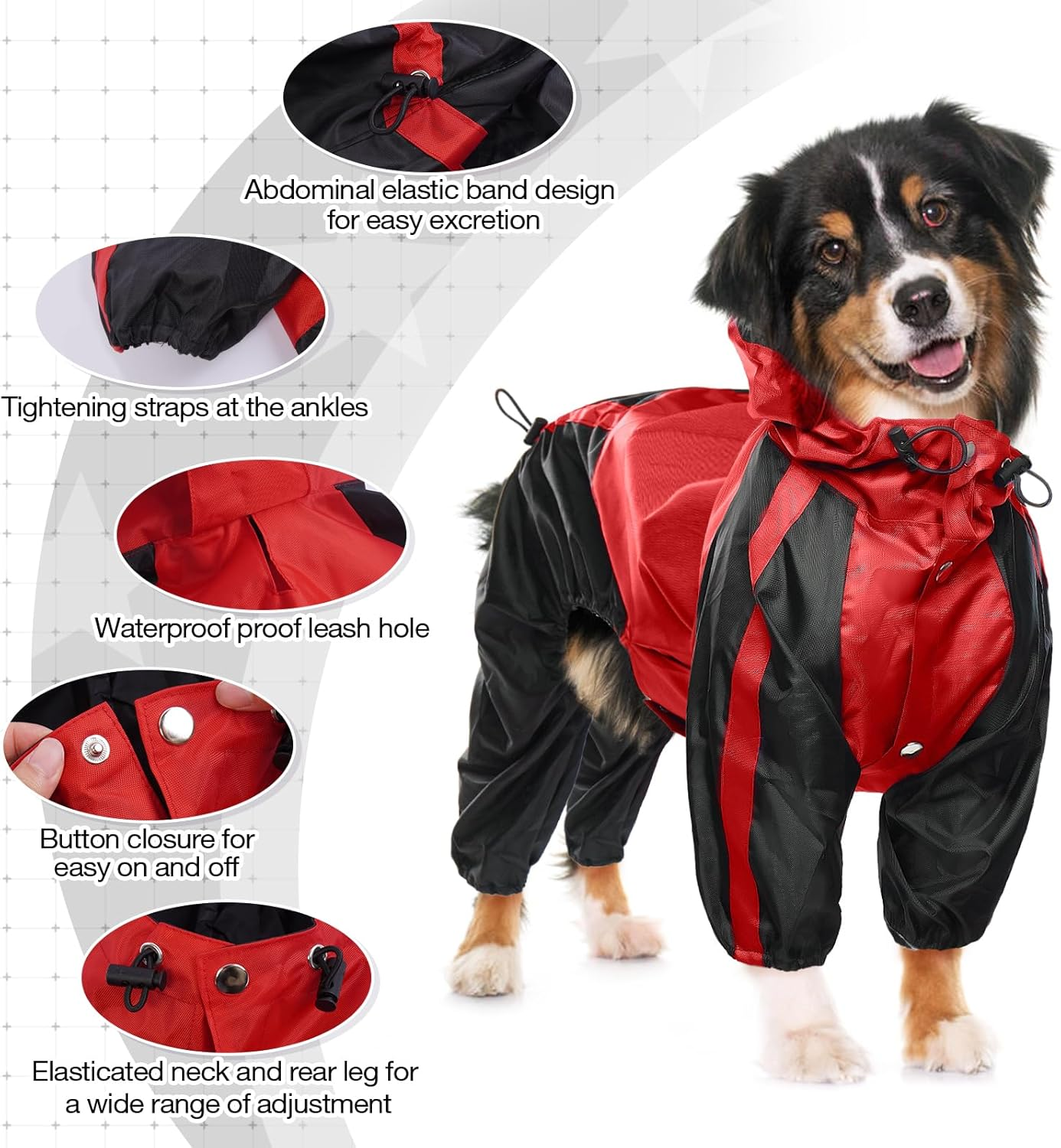 OUOBOB Dog Raincoat, Waterproof Dog Rain Coats for Large Dogs, Lightweight Rain Jacket, Adjustable 4 Legs Pet Poncho with Hood, Snow-Proof Dog Vest Rainwear, Rain Clothes Apparel with Leash Hole image number 3