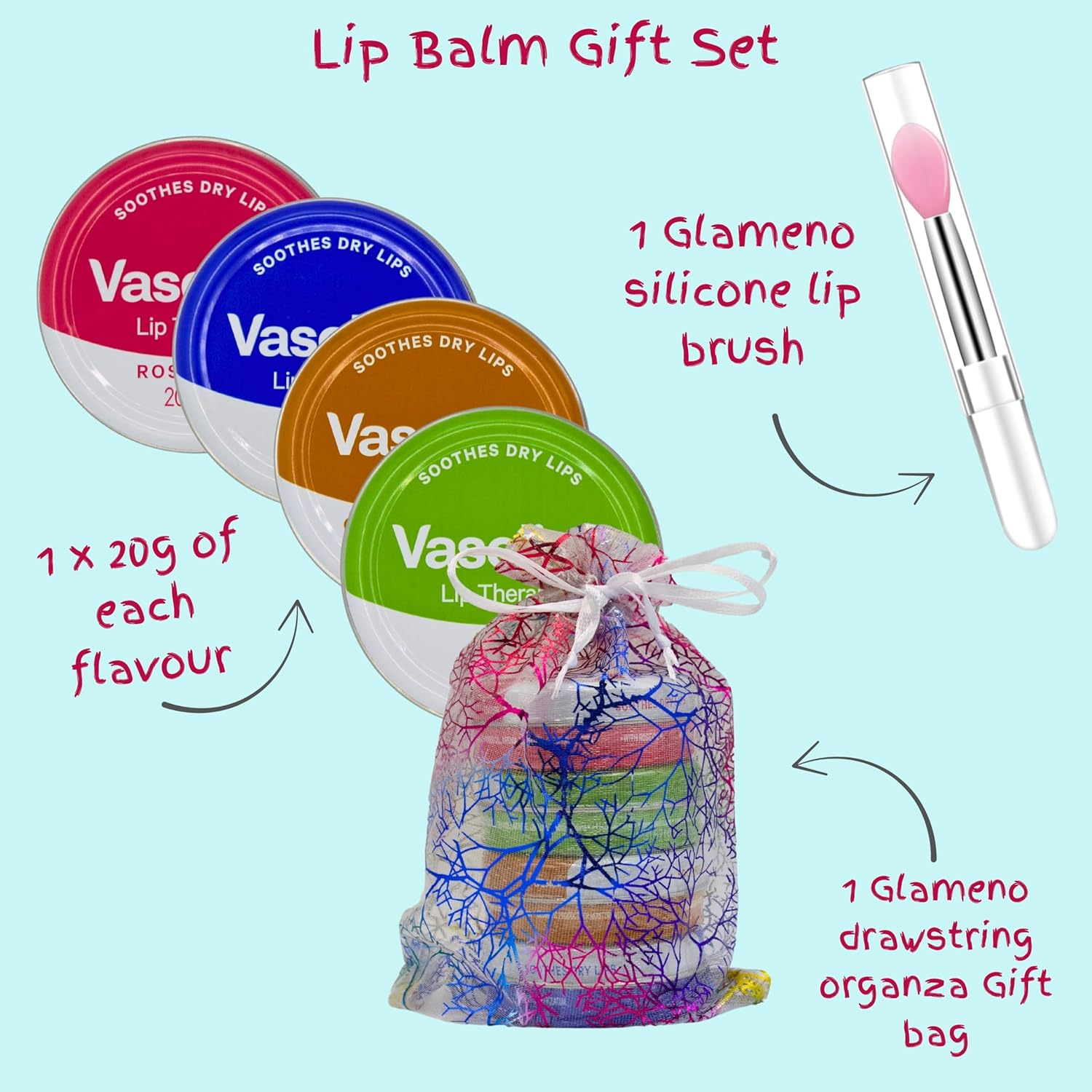 Lip Balm Set - Bundle with 4X20G Lip Balms (Rosy Lips, Cocoa Butter, Original, Aloe) and Glameno Silicone Applicator Brush in Glameno Drawstring Organza Bag image number 5