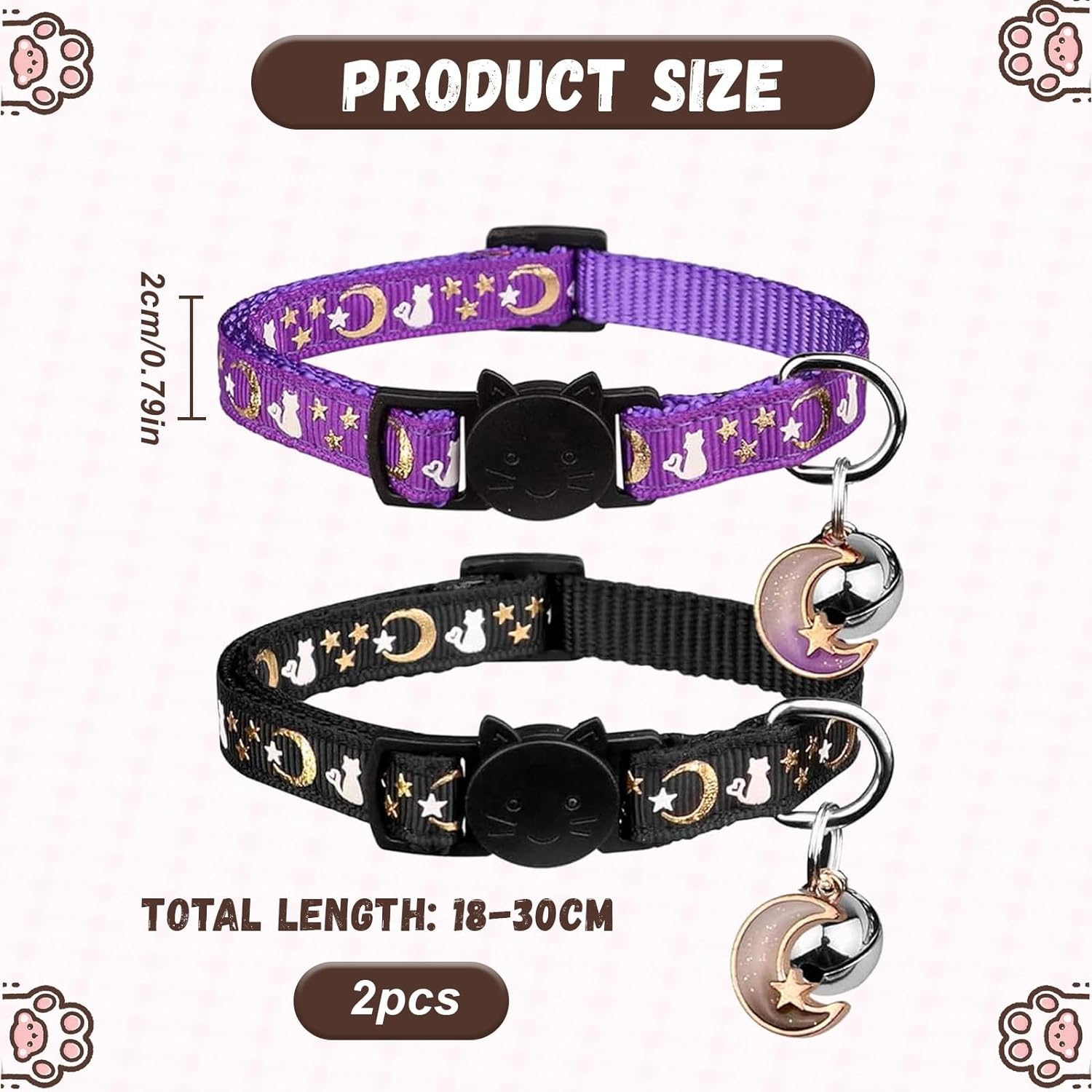 2Pcs Breakaway Cat Collar,Cat Collar with Bell,Cat Collar Airtag,Kitten Collar,Cat Collars,Moons Stars Cute Kitty Adjustable Safe Kitten Collars with Pendant Glow in the Dark(Black&Purple)
