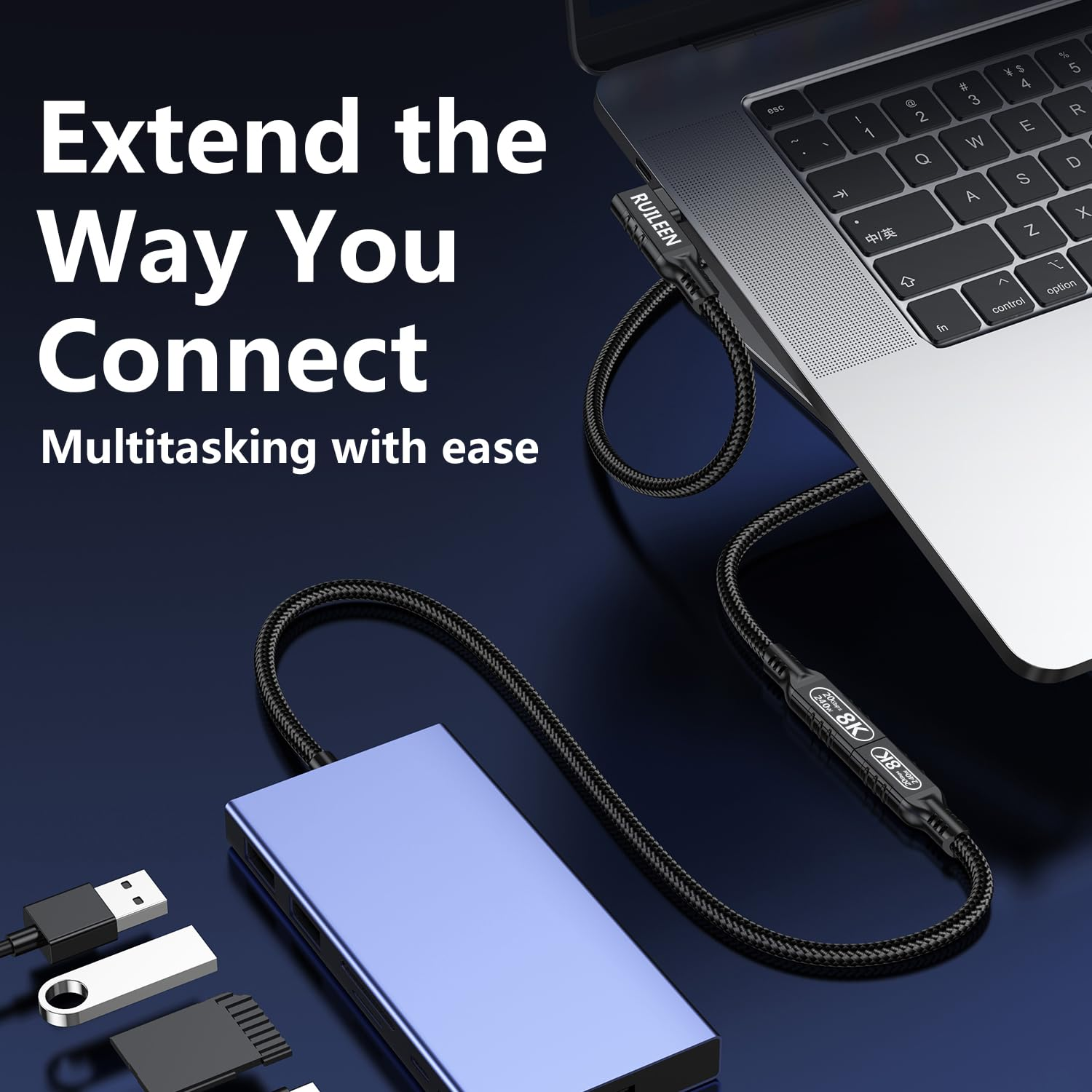 240W 20Gbps USB-C Right Angle Extension Cable [5 M], USB-C Male to Female 90 Degree Extender,5A Fast Charge 8K Video Support, Nylon Braided & Aluminum Housing for Macbook/Ipad Pro/Galaxy (Black) image number 2