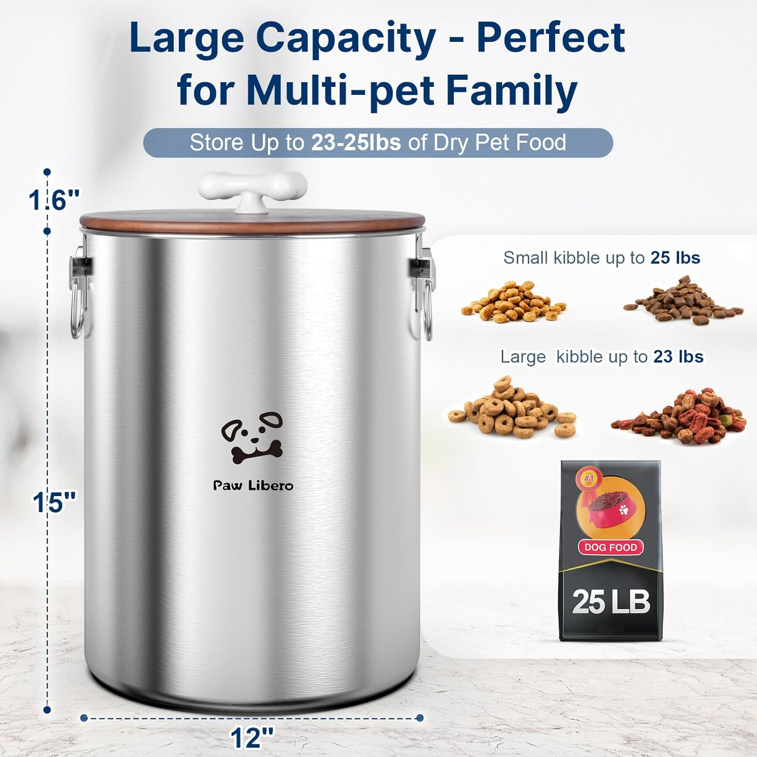 2PK 25 Lbs Total 50 Lbs Stainless Steel Dog Food Storage Container with Airtight Wooden Lid & Ceramic Bone Handle, Large Metal Dog Food Bin for Dogs & Cats, Keep Fresh, Easy to Clean image number 6