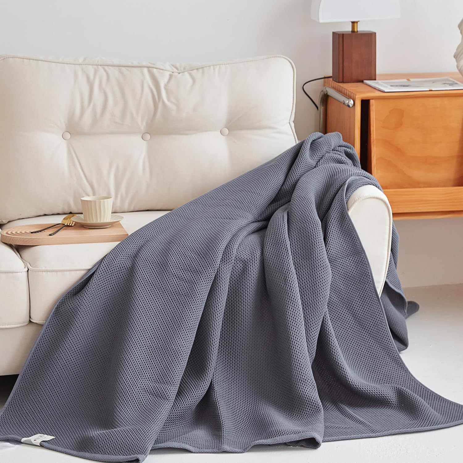 100% Cotton Thermal Blanket, Breathable Bed Blanket, Soft Waffle Blanket, All Season Cotton Blanket (Grey, 150X200Cm)