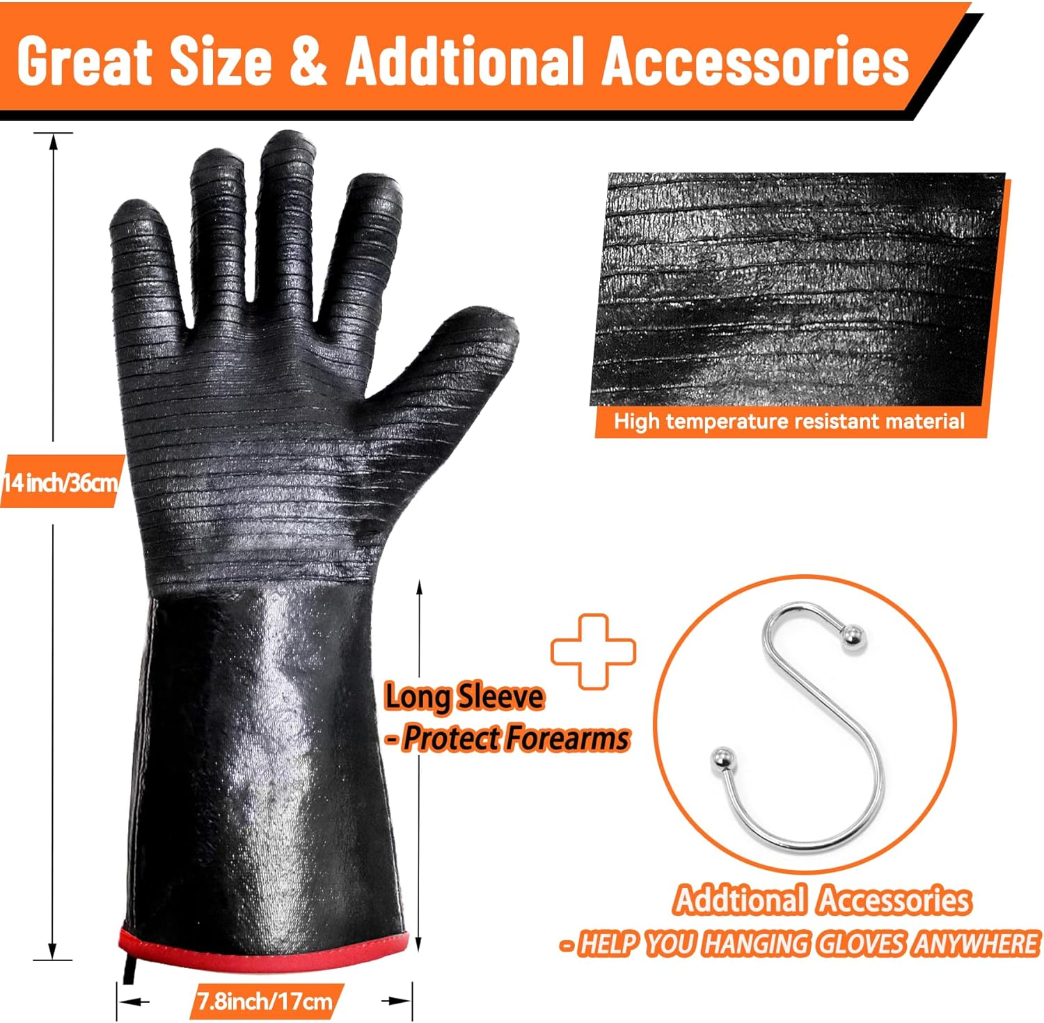 JENPOS BBQ Gloves - 1472&deg;F Thicken Heat Resistant Gloves W/S-Hook 14 in Kitchen Oven Mitts Waterproof Grill Gloves Oil Resistant Grilling Gloves Cooking Gloves for Turkey Fryer/Baking/Oven/Smoker image number 3