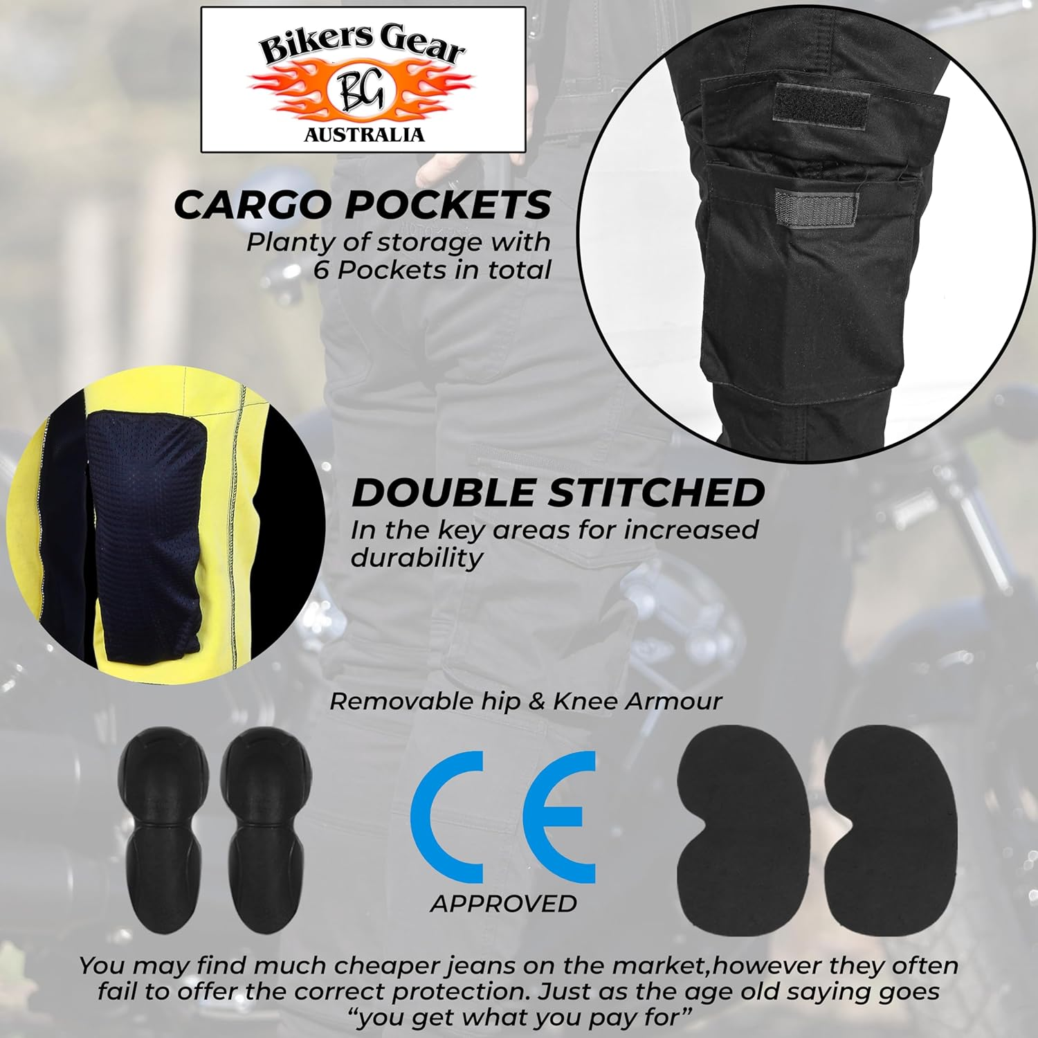 Australian Bikers Gear Motorcycle Black Cargo Jeans with Duponttm KEVLAR ARAMID FIBRE Removable Armour