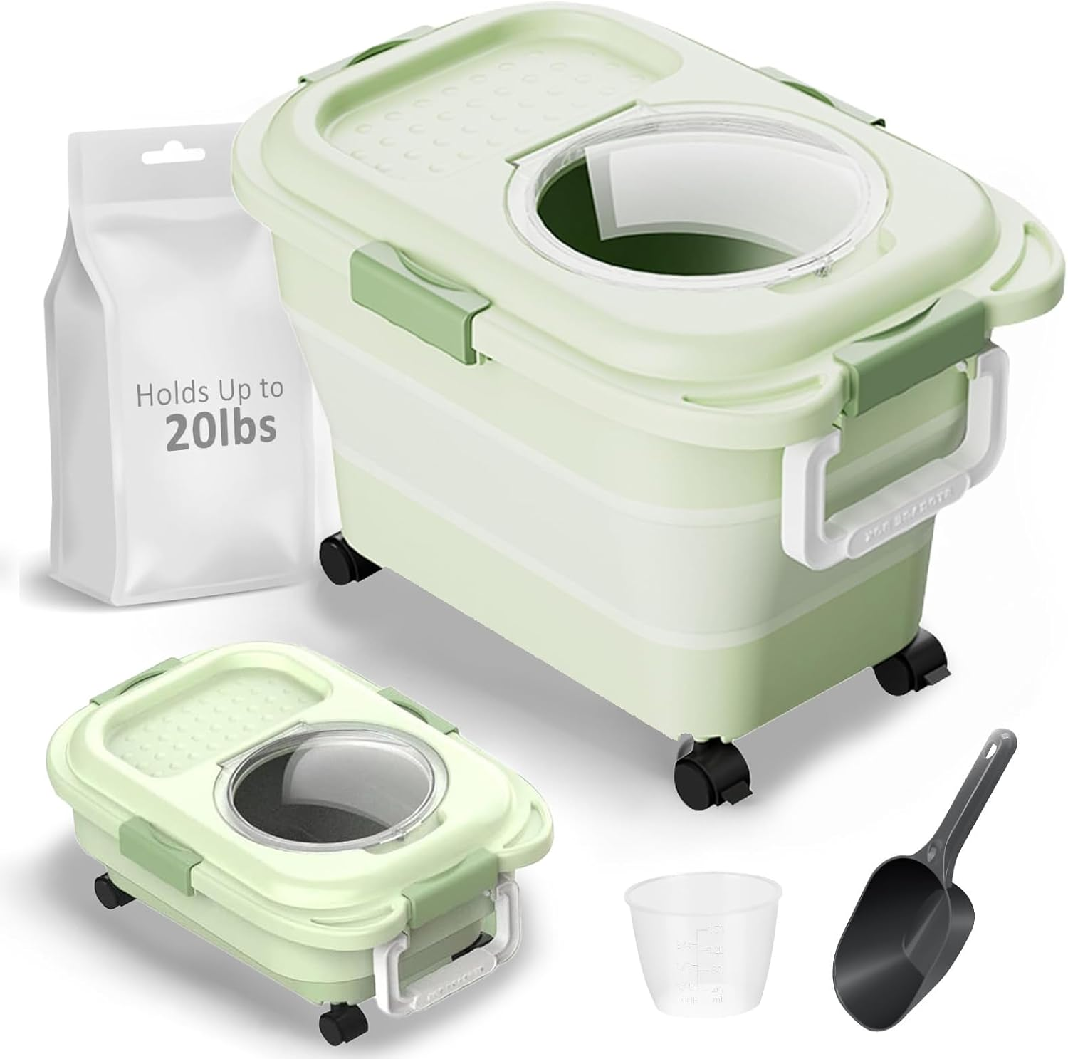 Collapsible Dog Food Storage Container (5-20 Lb), Airtight Pet Food Bin with Lid, Measuring Cups, Rolling Wheels & Handles, Keep Dry Food Fresh for Dogs, Cats, Birds, Easy to Move & Store, Green image number 1