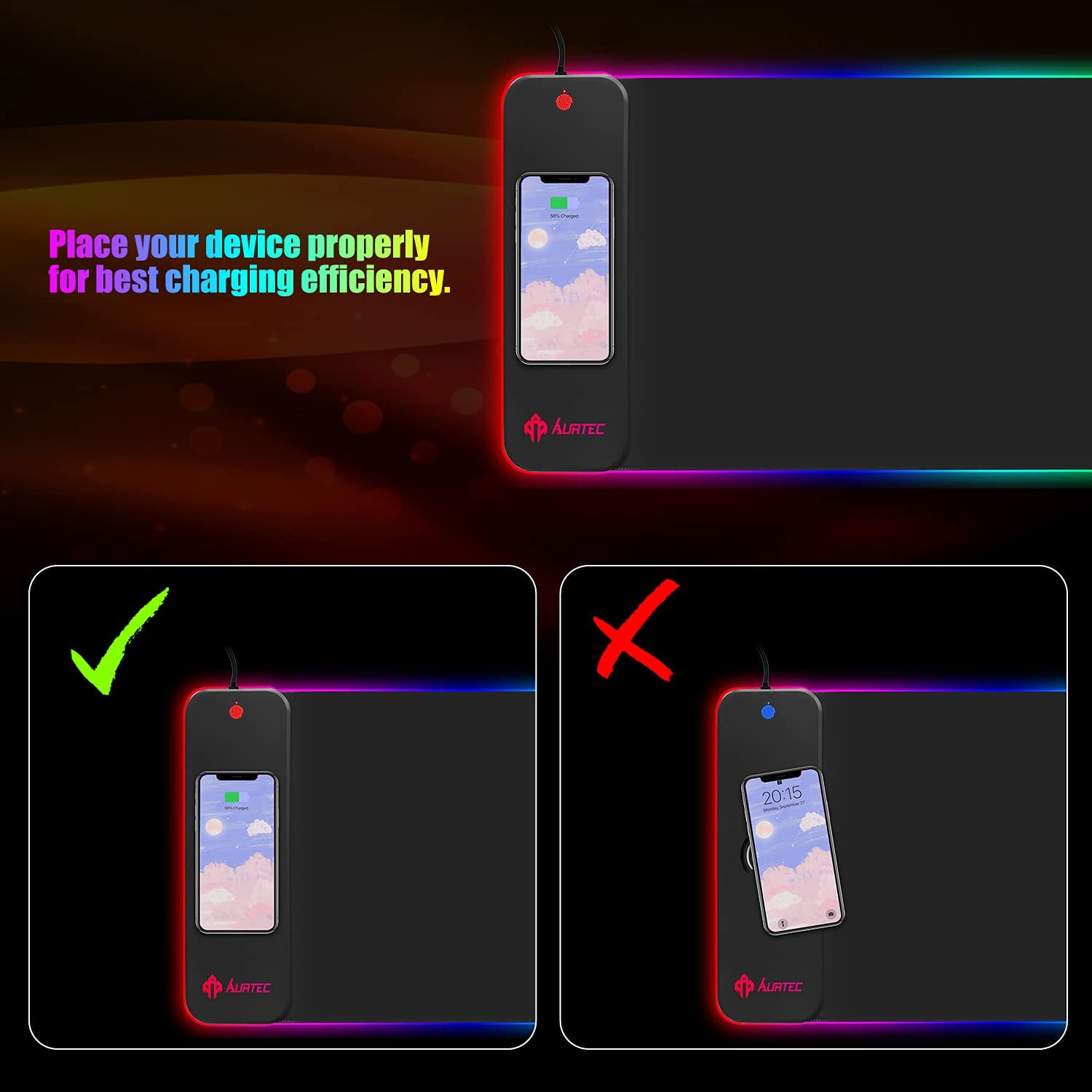 AURTEC RGB Gaming Mouse Pad with 15W Fast Wireless Charging, Extra Large Waterproof and Non-Slip Rubber Base Mouse and Keyboard Mat with 10 Lighting Modes, for Gaming, Working, PC, Mac. image number 5
