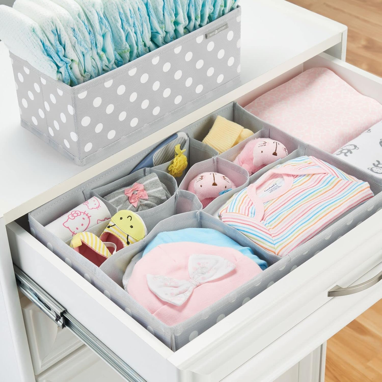 Mdesign Fabric Drawer Organizer Bins, Kids/Baby Nursery Dresser, Closet, Shelf, Playroom Organization, Hold Clothes, Toys, Diapers, Bibs, Blankets, Set of 4, 2 Pack, Gray/White Polka Dot image number 4