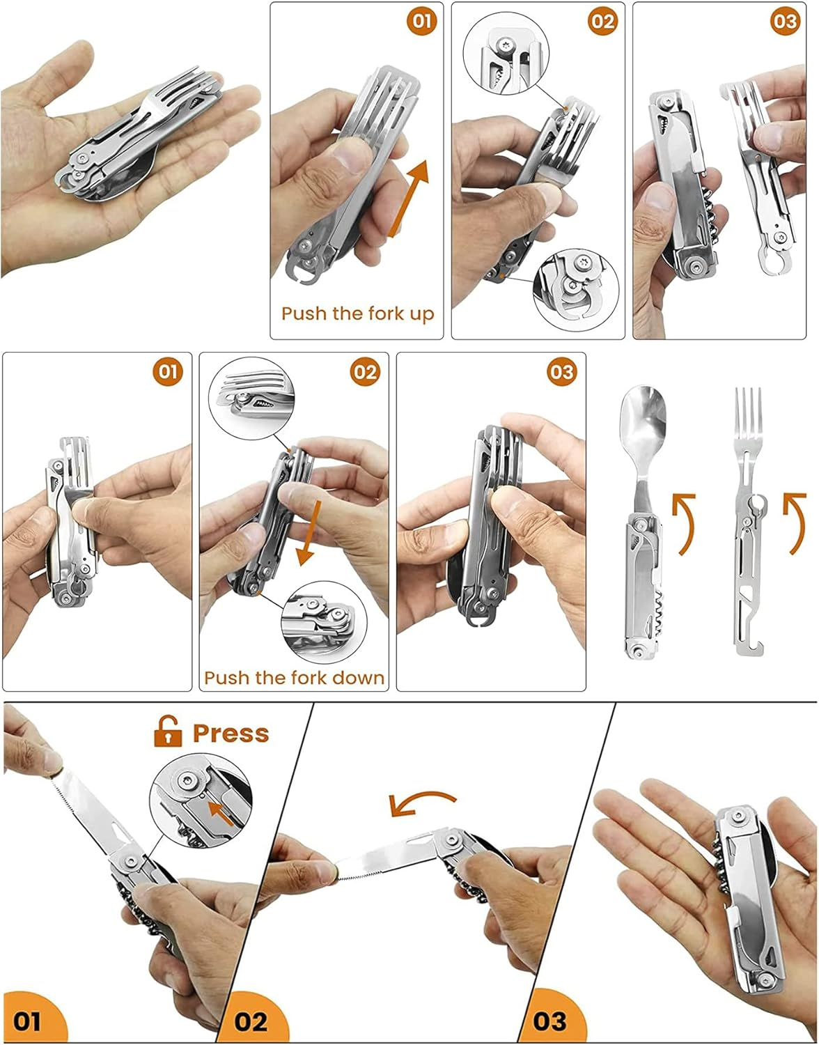 HONZIN Camping Utensil Set 5-In-1 Multi Functional Folding Flatware Set, Pocket Utensil Set Portable Stainless Steel Knife, Spoon, Fork, Bottle Opener, Can Opener Combo Set with Carrying Bag image number 2