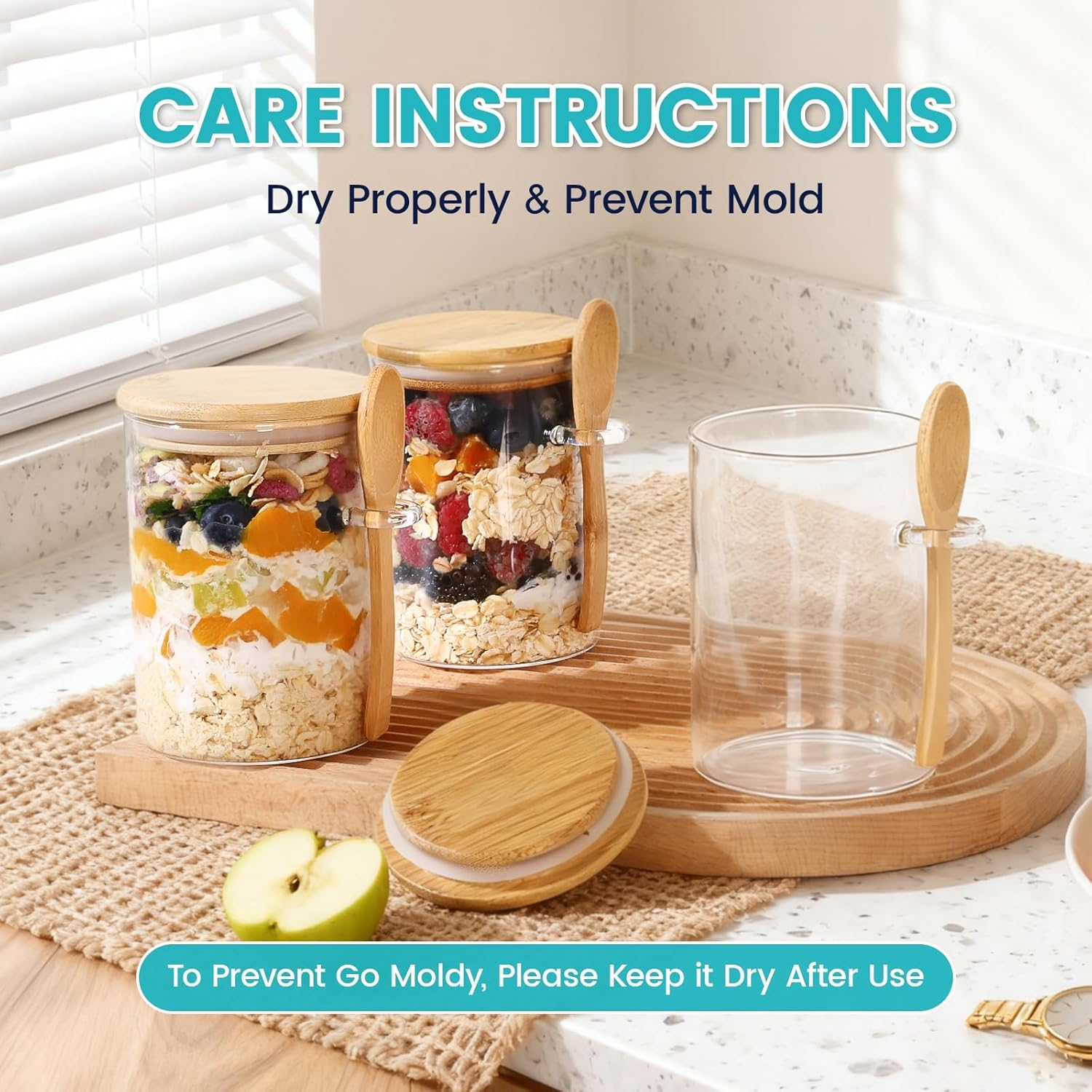 Feshory 4 Pack (500Ml /16.9Oz) Overnight Oats Containers with Lids and Spoons - Wide Mouth Glass Jar, Meal Prep Containers for Yogurt, Breakfast, Salad, Fruit, Chia Pudding (4X500Ml) image number 2