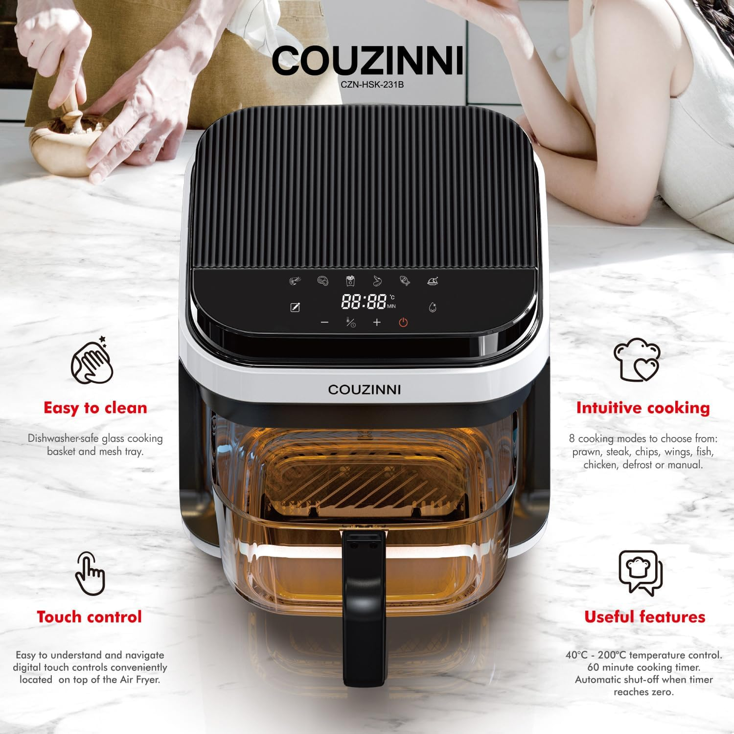Couzinni 6.5L Digital Glass Air Fryer, 8In1 Cooker Pot for Quick Easy Oiless Meals, Fry, Roast, Bake, with Easy-View Window Cooking Basket, Mesh Tray and Heatproof Mat image number 1