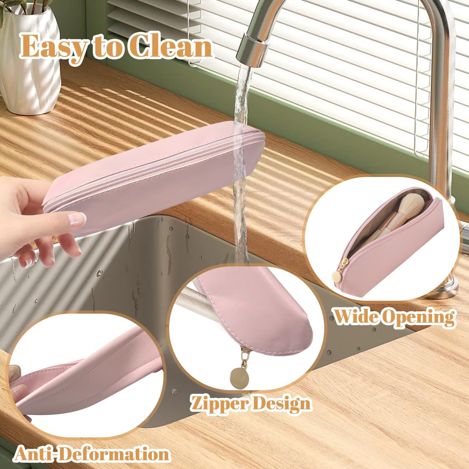 VLYX 3 PCS Makeup Brush Travel Bag Large PU Leather, Waterproof Cosmetic Organizer Zipper Pouch, Portable Anti-Fall Brush Holder for Travel Outdoor Bags image number 2