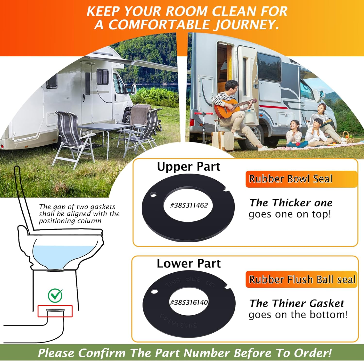 385311462 and 385316140 RV Toilet Rubber Seal Kit Replacement for 510/506+, 510+/1006, 1008/Ecovac 146-149 Compatible with Sealand Mansfield Vacuflush RV Camper Toilet image number 6