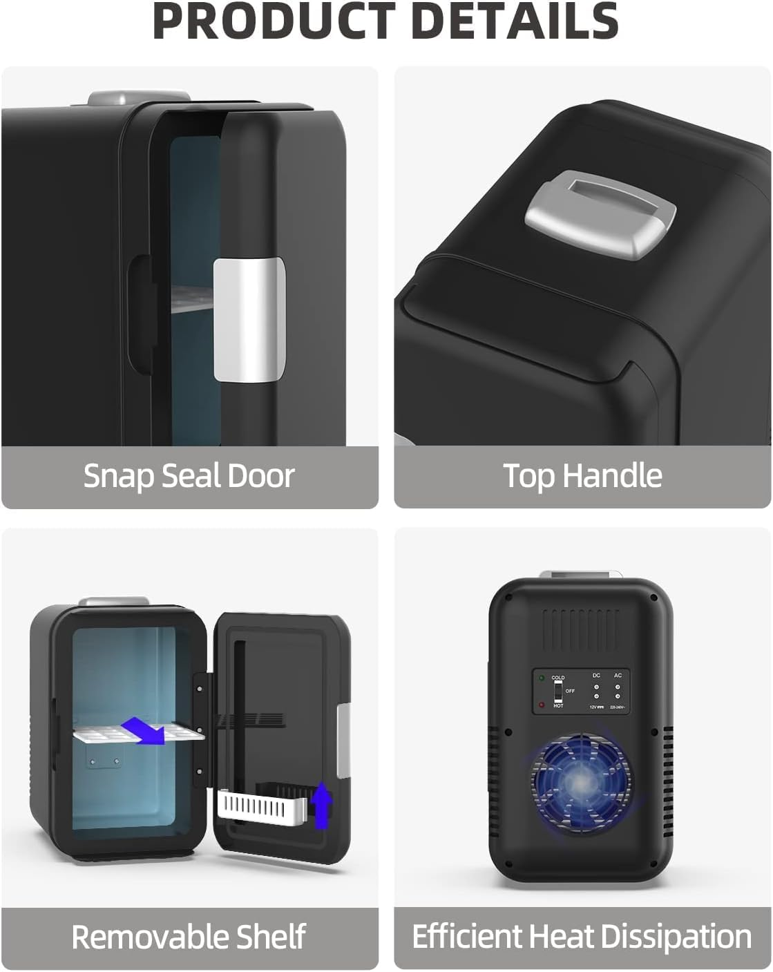 4L Portable Mini Fridge Compact Personal Fridge Car Refrigerator, Black image number 4