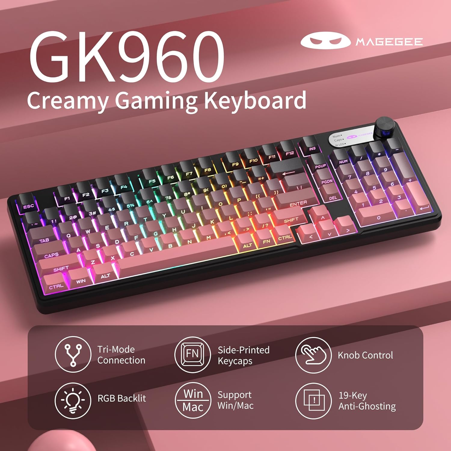 Magegee GK960 Wireless Gaming Keyboard, RGB Tri-Mode Wired/Bt/2.4G Creamy Keyboard with Number Pad, 4000Mah Battery, Knob Control, Side Printed Keycaps, 19-Key Anti-Ghosting for Win/Mac (Black & Pink) image number 6
