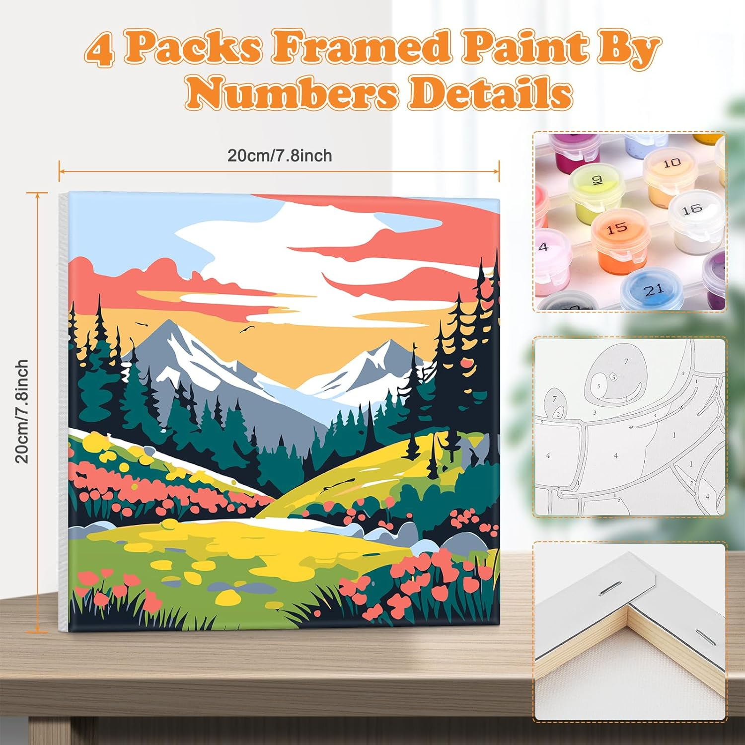 NAIMOER Framed Paint by Numbers, 4Pack Scenery Paint by Numbers Canvas for Kids Adults, Kids' Paint by Number Kits, DIY Acrylic Landscape Oil Painting with Wooden Easel (8X8Inch) image number 1