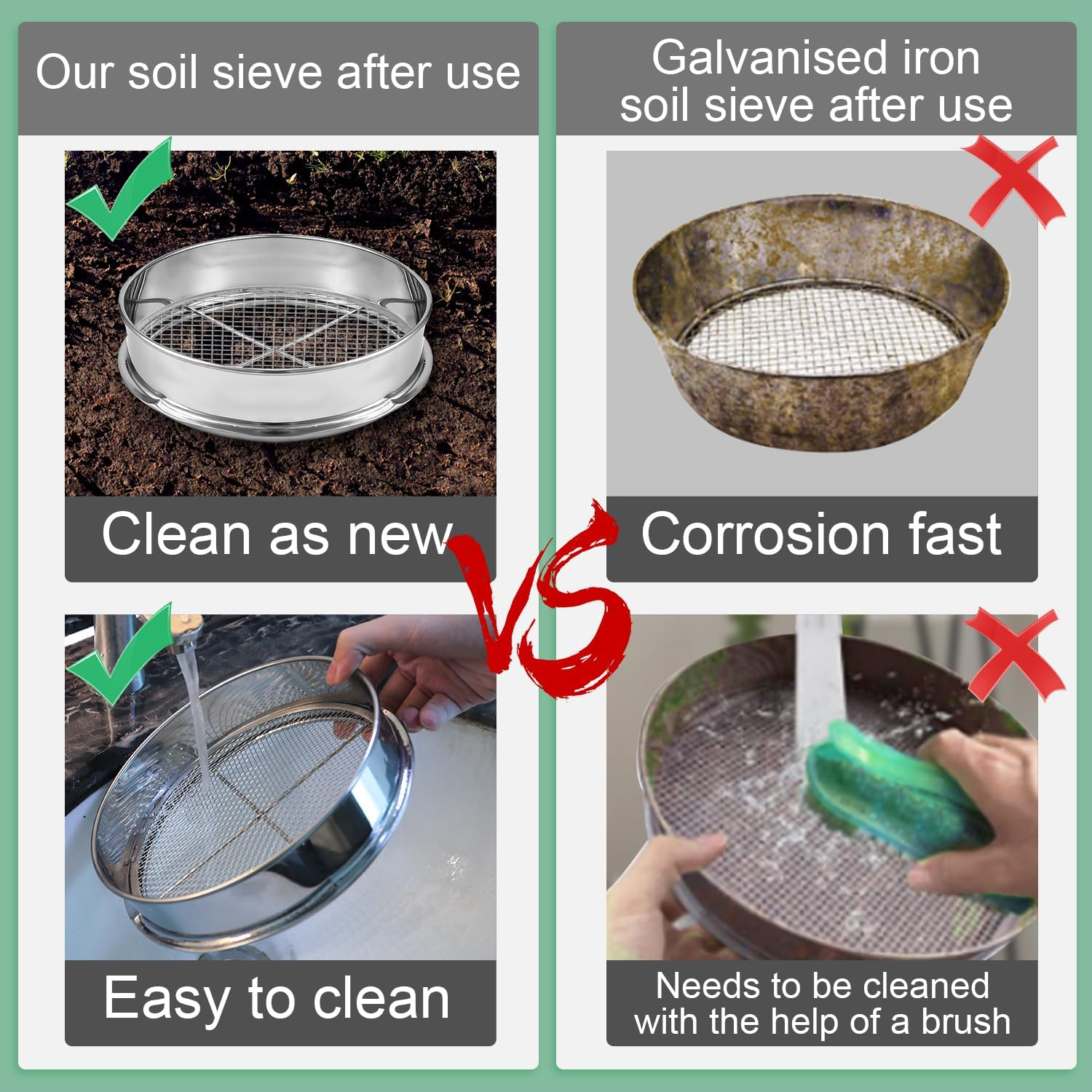 Soil Sifter Garden Sieve Set, 1Pc 30Cm/11.9In Stainless Steel Sifting Pan and 4Pcs 0.7/2/3/6Mm Mesh Sizes Garden Mesh Sieve Garden Soil Sieve Soil Filter Dirt Garden Sieve Soil Sifter image number 5