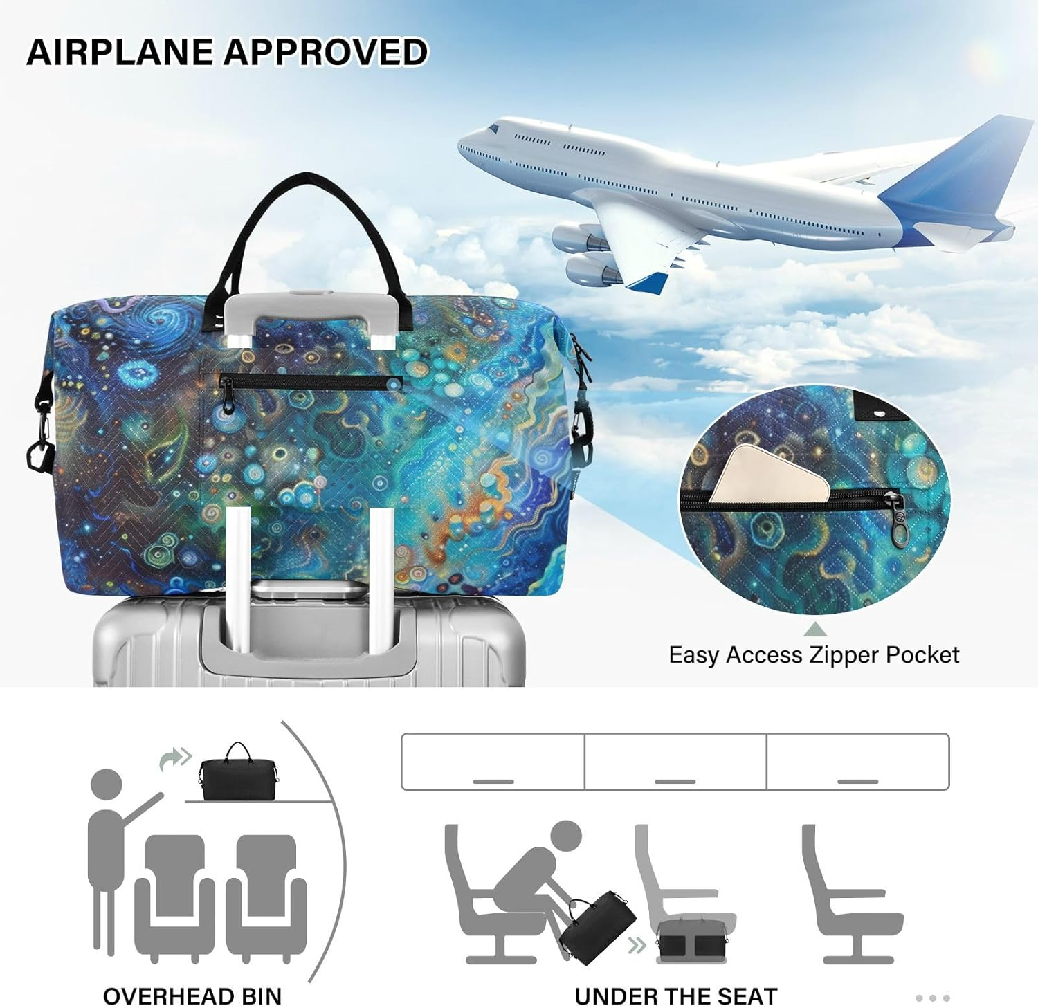 Blue Laser Style Large Bag Travel Weekender Gear Bag Workout Bag with Toiletry Bag for Hiking Large Capacity, Blue，Laser Style, One Size, Blue，Laser Style, One Size image number 4