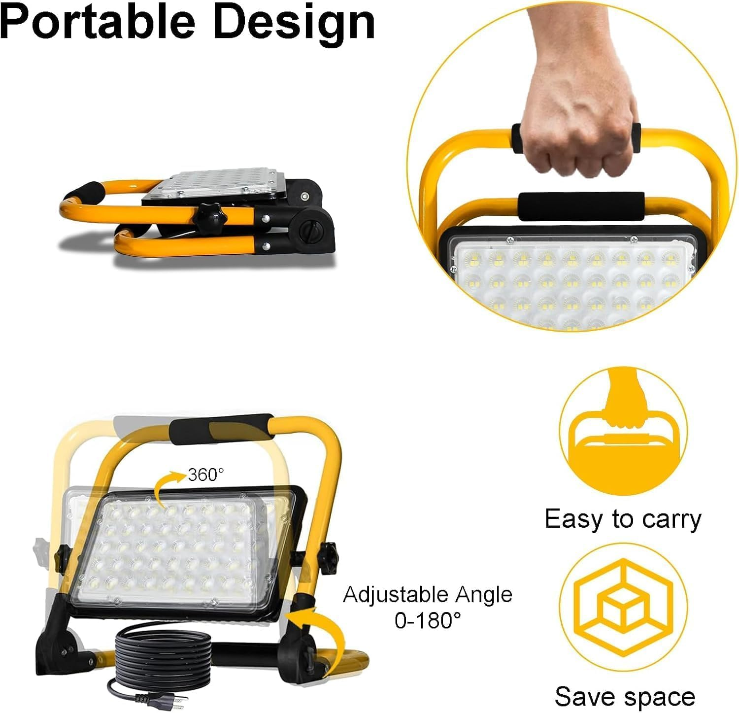 LED Work Light, 50W 5000LM Work Lights with Stand, 6500K Super Bright Flood Lights Outdoor, 13.1Ft 4M Cord with Plug, IP66 Waterproof Portable Worklights for Job Site Workshop Garage Construction Site image number 4