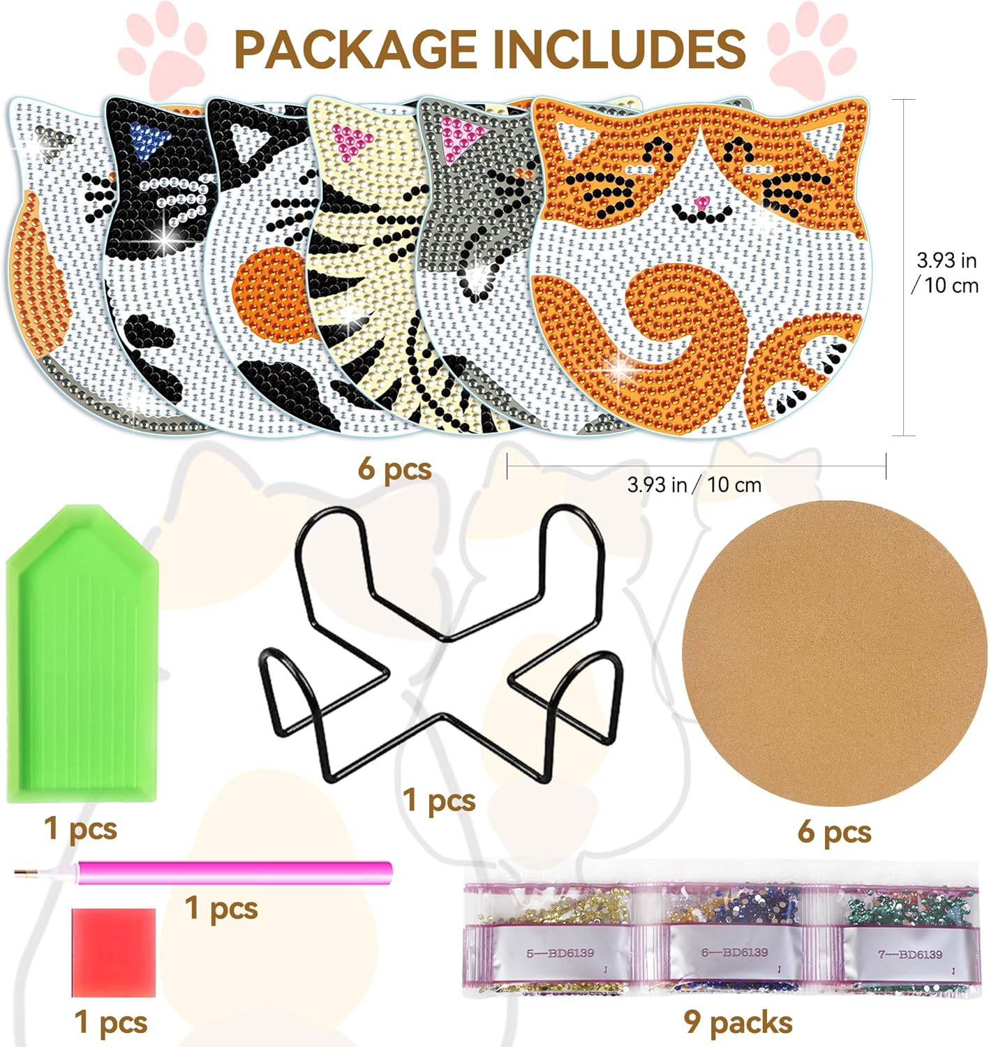 Diamond Painting Coasters Kits - 6 Pcs Cat Diamond Art with Holder, Crafts Kits for DIY, Diamond Art Kits for Adults image number 2