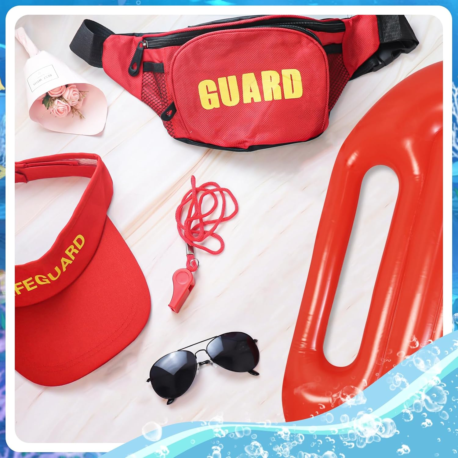 5Pcs Life Guard Accessories Kit Include Inflatable Float Prop Bucket Hat Adjustable Fanny Pack Whistle Sunglasses Lifeguard Fancy Dress Costume for Adults Women Men Halloween Cosplay Party image number 5