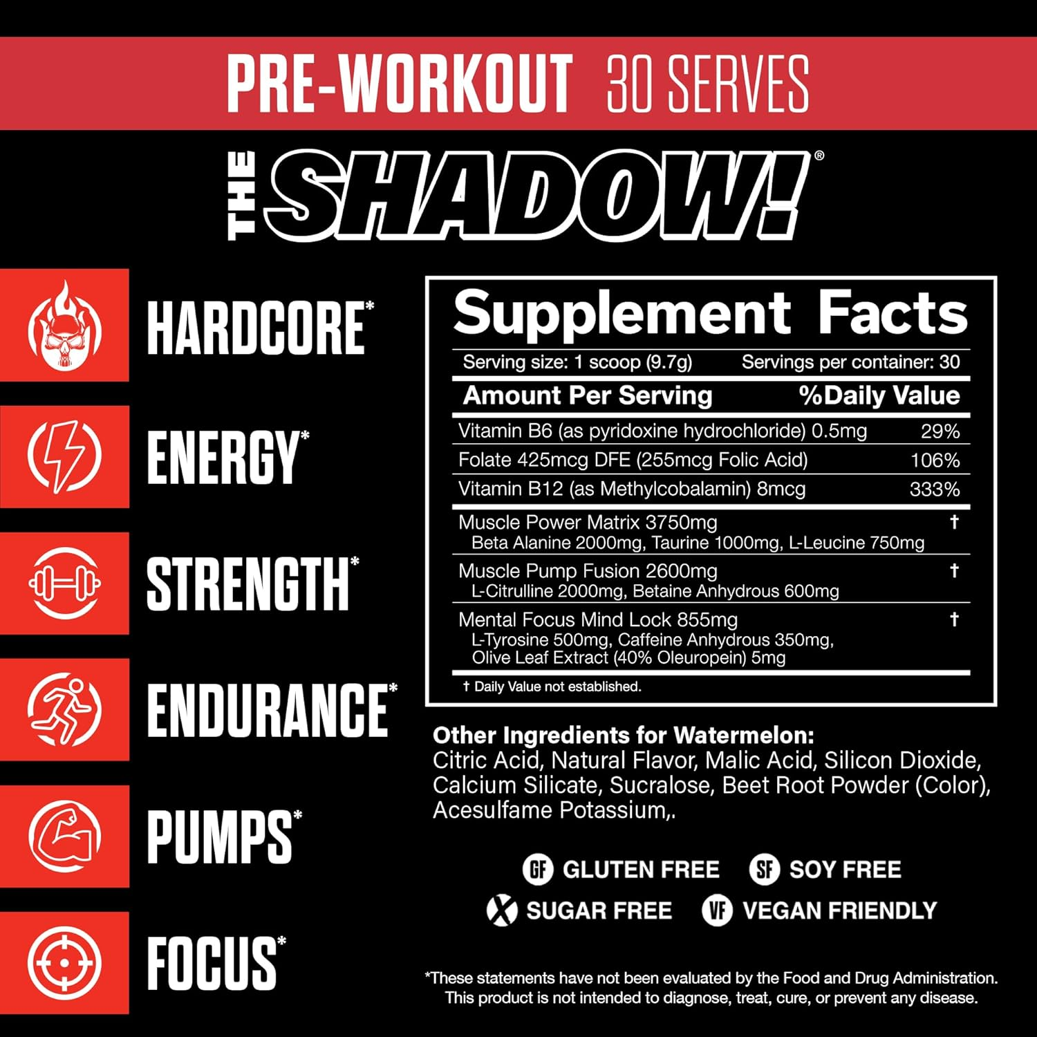 JNX Sports the Shadow! Hard Core Preworkout, a Better Pre Workout Stimulant - Electric Energy, Hypnotic Mental Focus, Superhuman Strength, 350Mg of Caffeine (Watermelon) - Watermelon image number 2