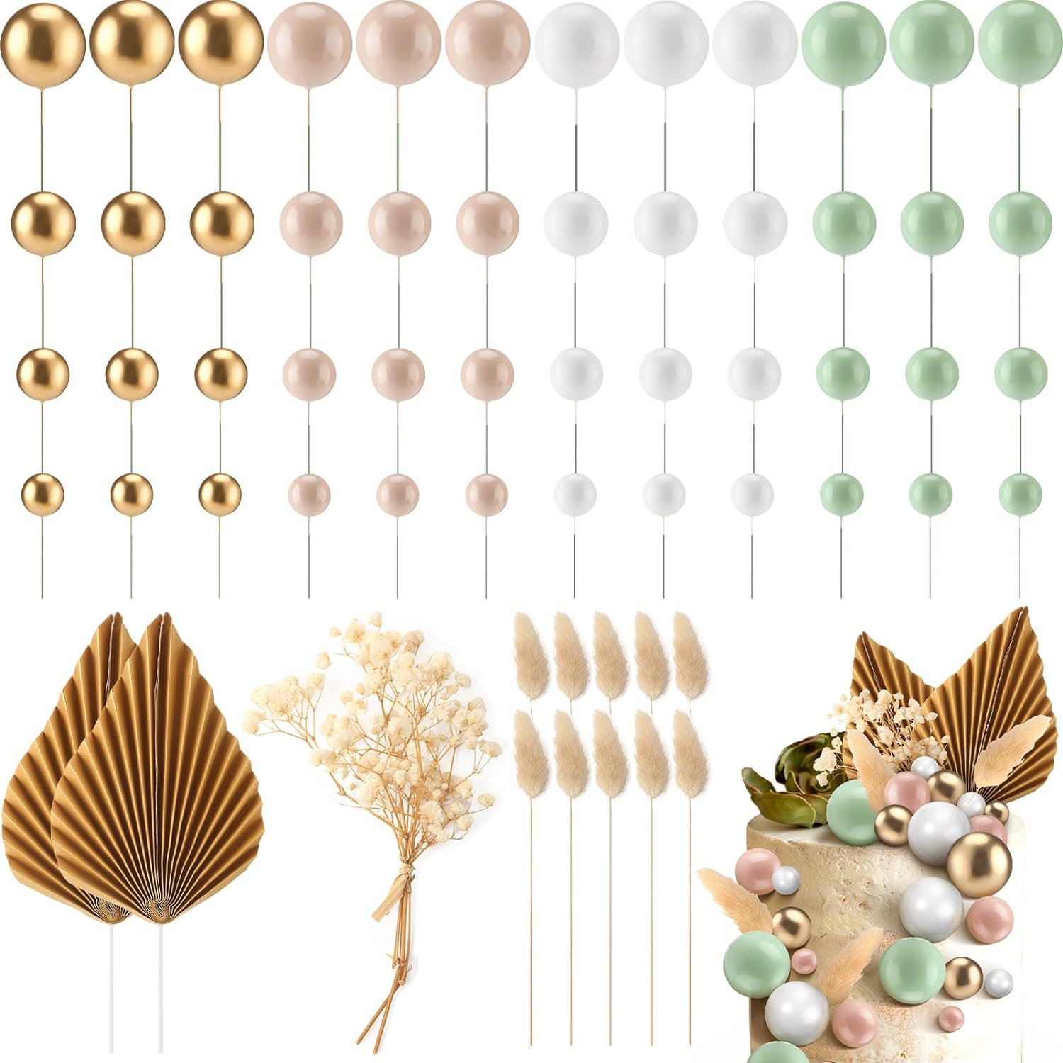 61Pcs Sage Green Ball Cake Topper and Picks - Foam Cupcake Topper for Baby Shower, Birthday Party, Wedding Anniversary - DIY Cake Decoration Supplies image number 2