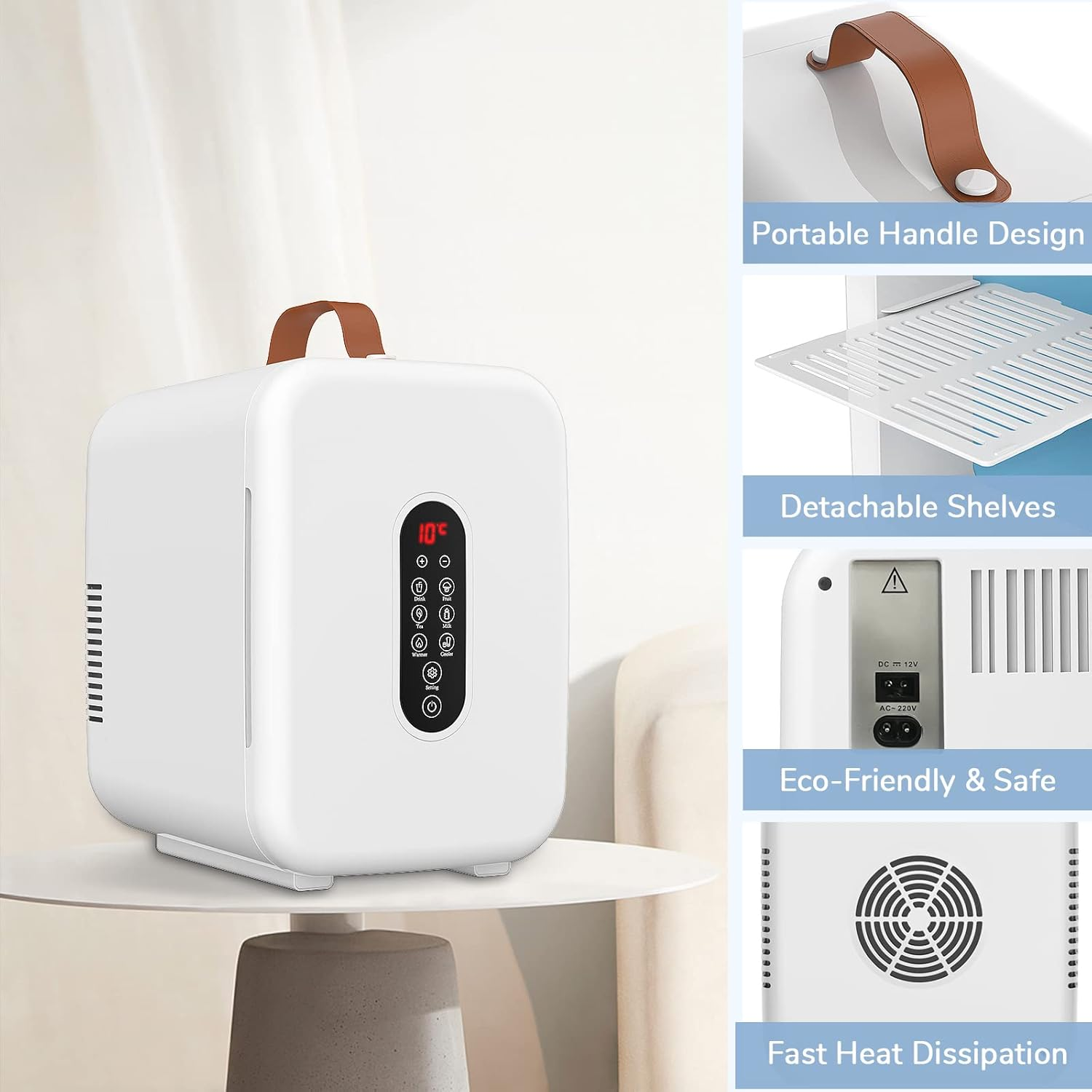 ADVWIN Mini Fridge, 10L Portable Mini Refrigerator Personal Small Fridge Cooler, 12V Compact Car Refrigerator, for Bedroom Home Office and Travel, White image number 5