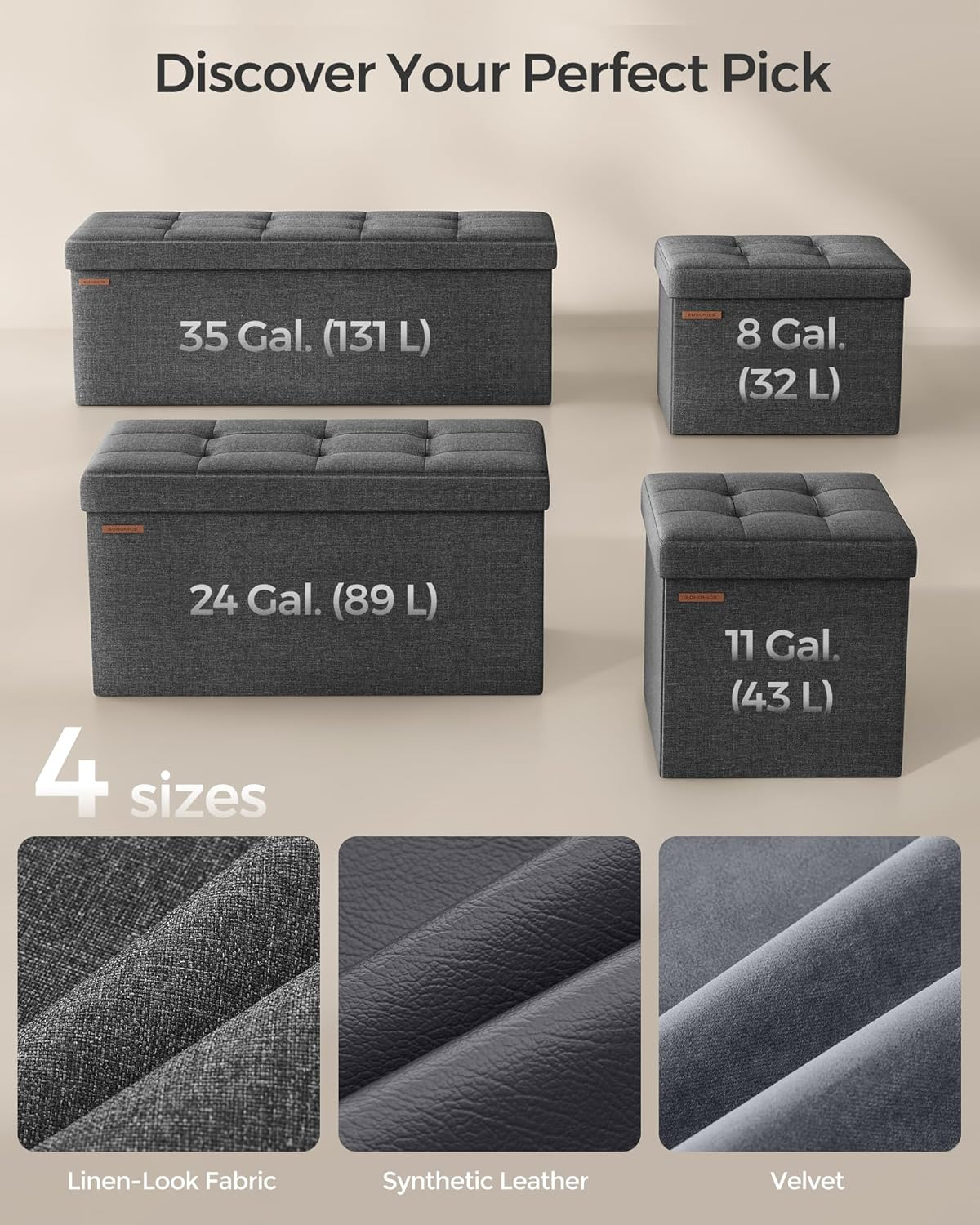 Songmics Folding Storage Ottoman Bench Foot Rest Stool, 38 Cm Size, Dark Gray image number 7