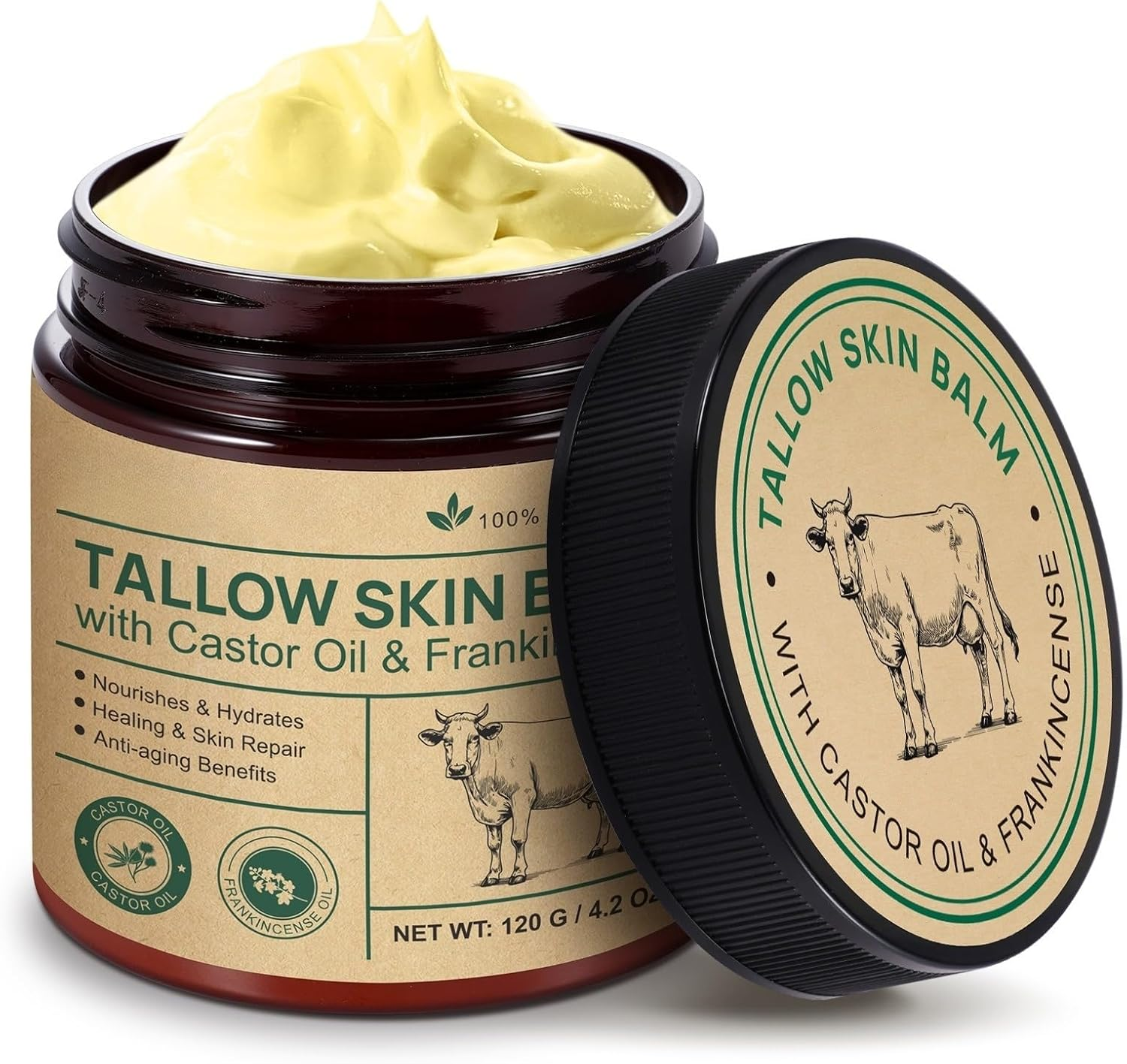 Tallow Skin Balm with Castor Oil & Frankincense | 100% Grass-Fed Tallow Moisturiser for Face & Body | Nourishing & Hydrating Balm for Sensitive Skin | 120G image number 1