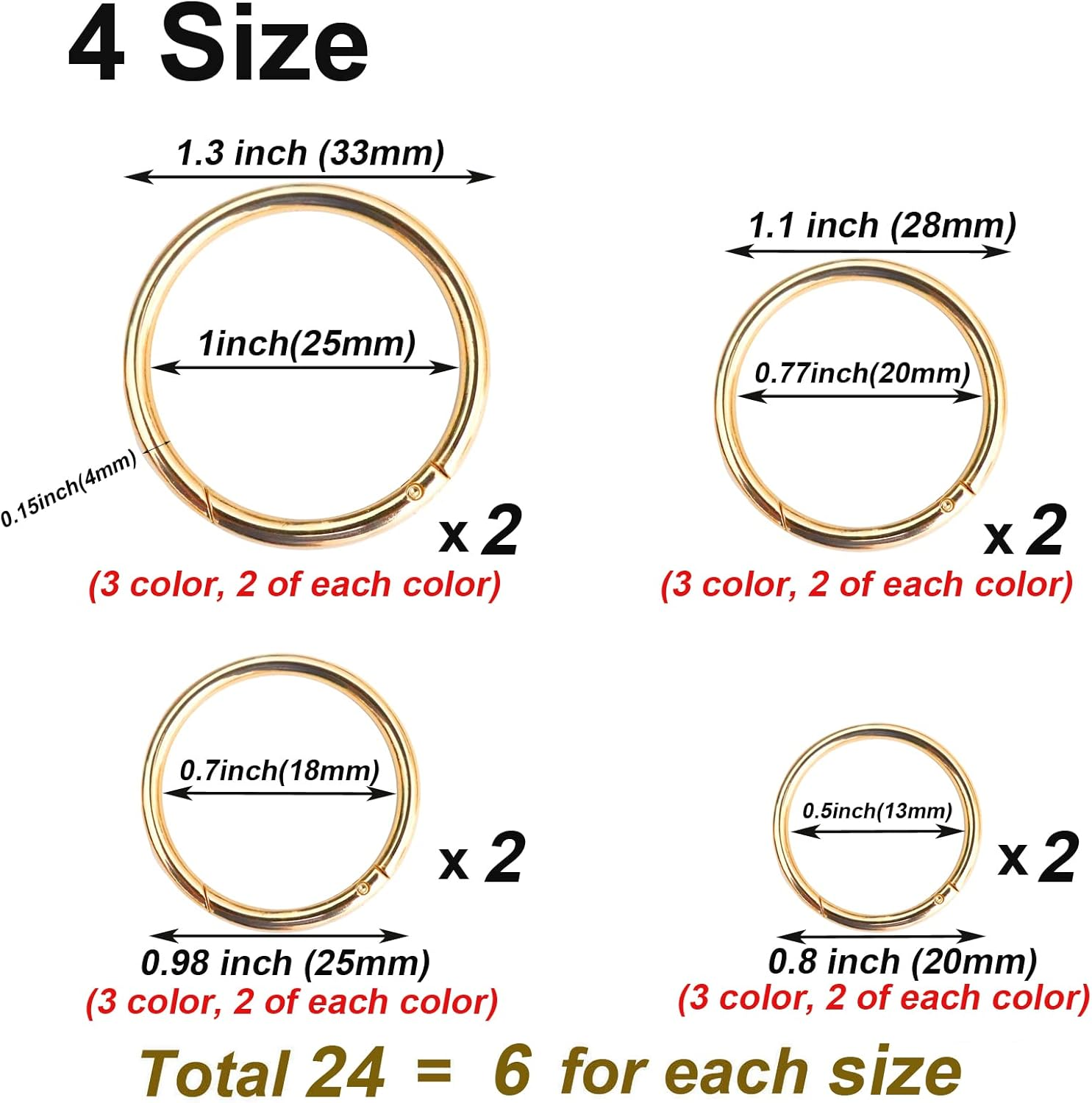 Maydahui 24PCS Spring O Ring Zinc Alloy Spring Clip 4 Size (0.8,0.98,1.1,1.3Inch) 3 Colors round Carabiner Snap Hook Key Ring Circle Trigger Rings Multi-Purpose for Handbag Purse Dog Leashes (Gold, Silver, Black) image number 1