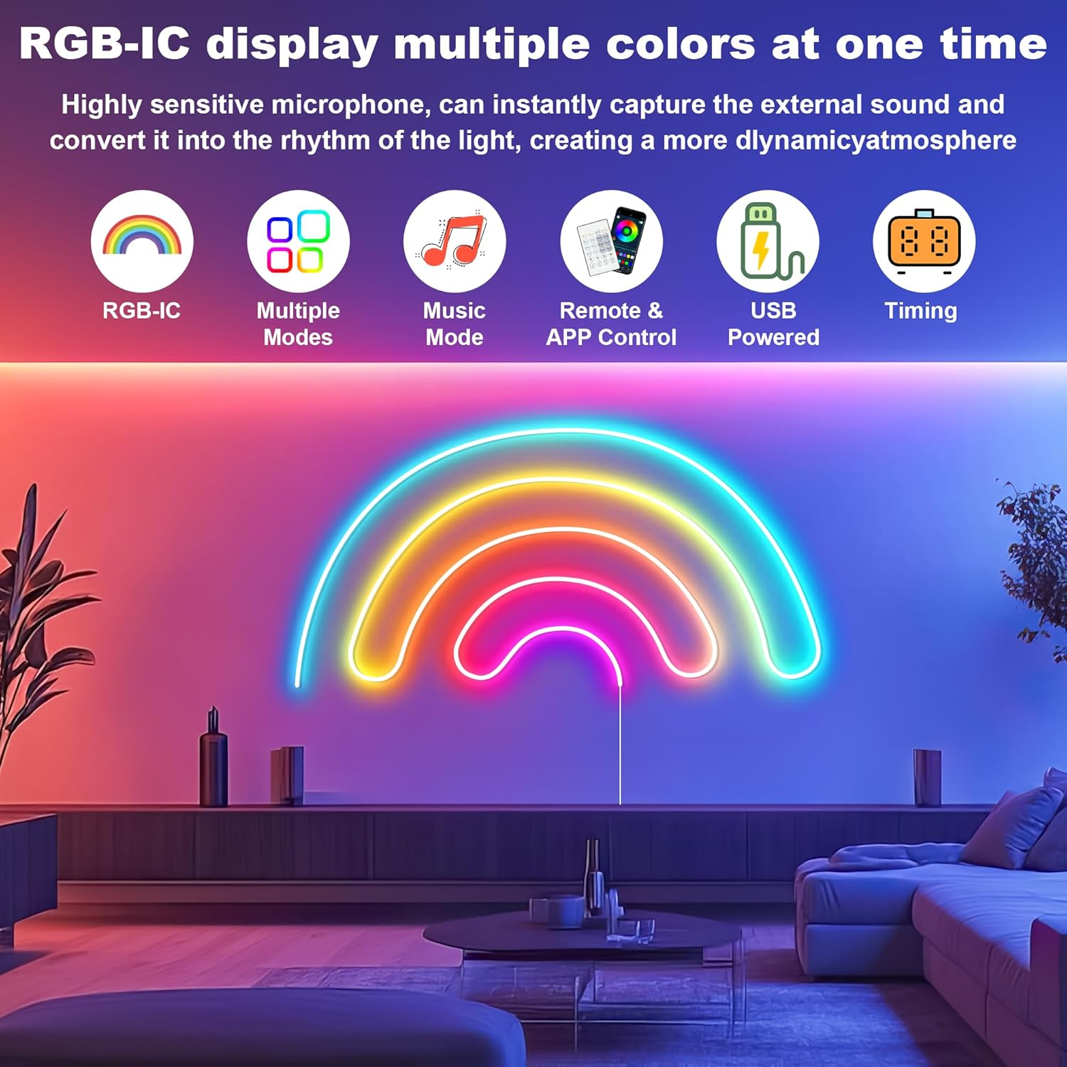 Cozylady USB Neon Rope Lights 3M,Waterproof 10Ft RGB+IC LED Rainbow Lights with Bluetooth App/Remote Control,Music Sync,Running Effect Neon Strip Light for Bedroom Gaming Wall Decor Outdoor image number 1