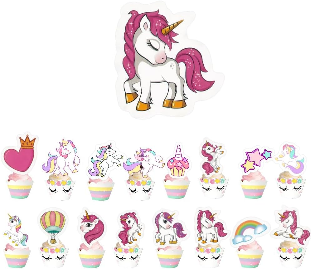 17Pcs Unicorn Theme Cupcake Toppers Unicorn Party Cake Decorations Rainbow Birthday Party Decoration Birthday Cake Toppers for Girls