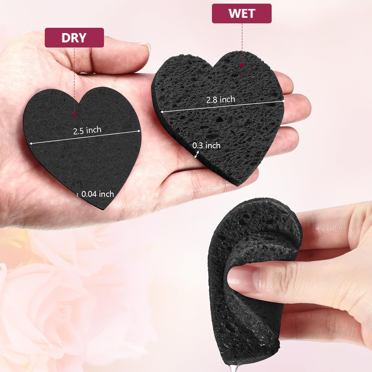 Nuenen 60 Pieces Facial Sponges with Container, Heart Shape Compressed Face Sponges Natural Cleaning Pads for Washing Face Cleaning Exfoliating Esthetician Makeup Removal(Black) - Black image number 6