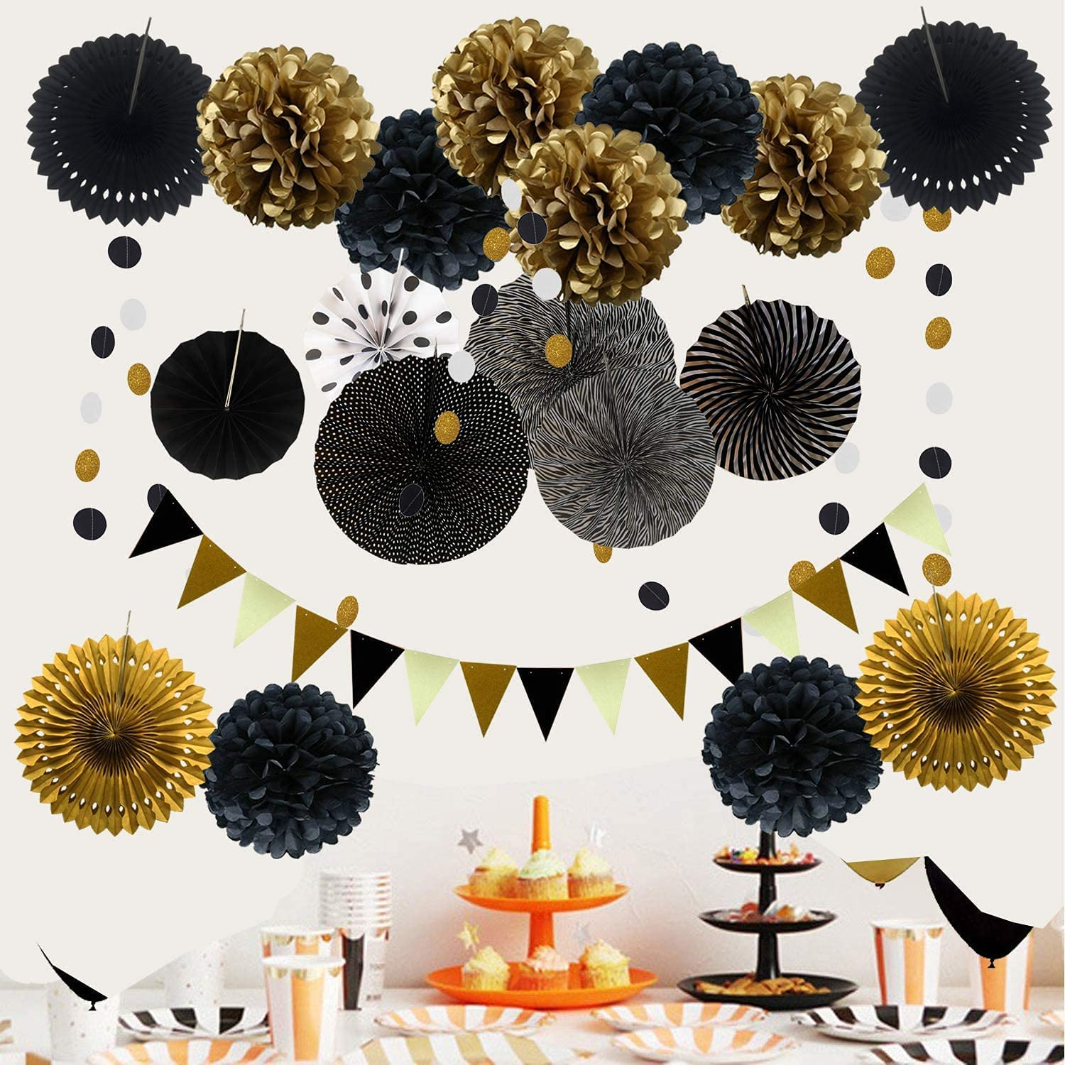 Party Decoration, 21 Pcs Black and Gold Hanging Paper Fans, Pom Poms Flowers, Garlands String Polka Dot and Triangle Bunting Flags for Birthday Parties Wedding D&eacute;cor, Table & Wall Decorations image number 5