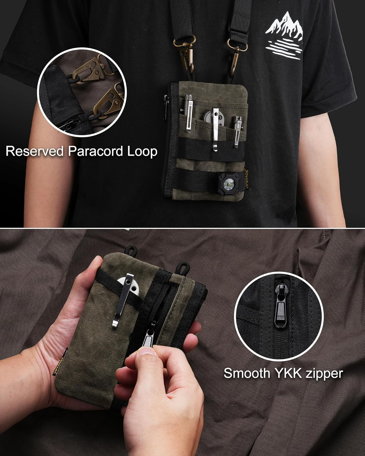 VIPERADE VE16N-OW Waxed Canvas Small EDC Pouch with 7 Pockets, Pocket Organizer Pouch for Men, Small Tool Pouches for EDC Multitools Pocket Knife Flashlight image number 6