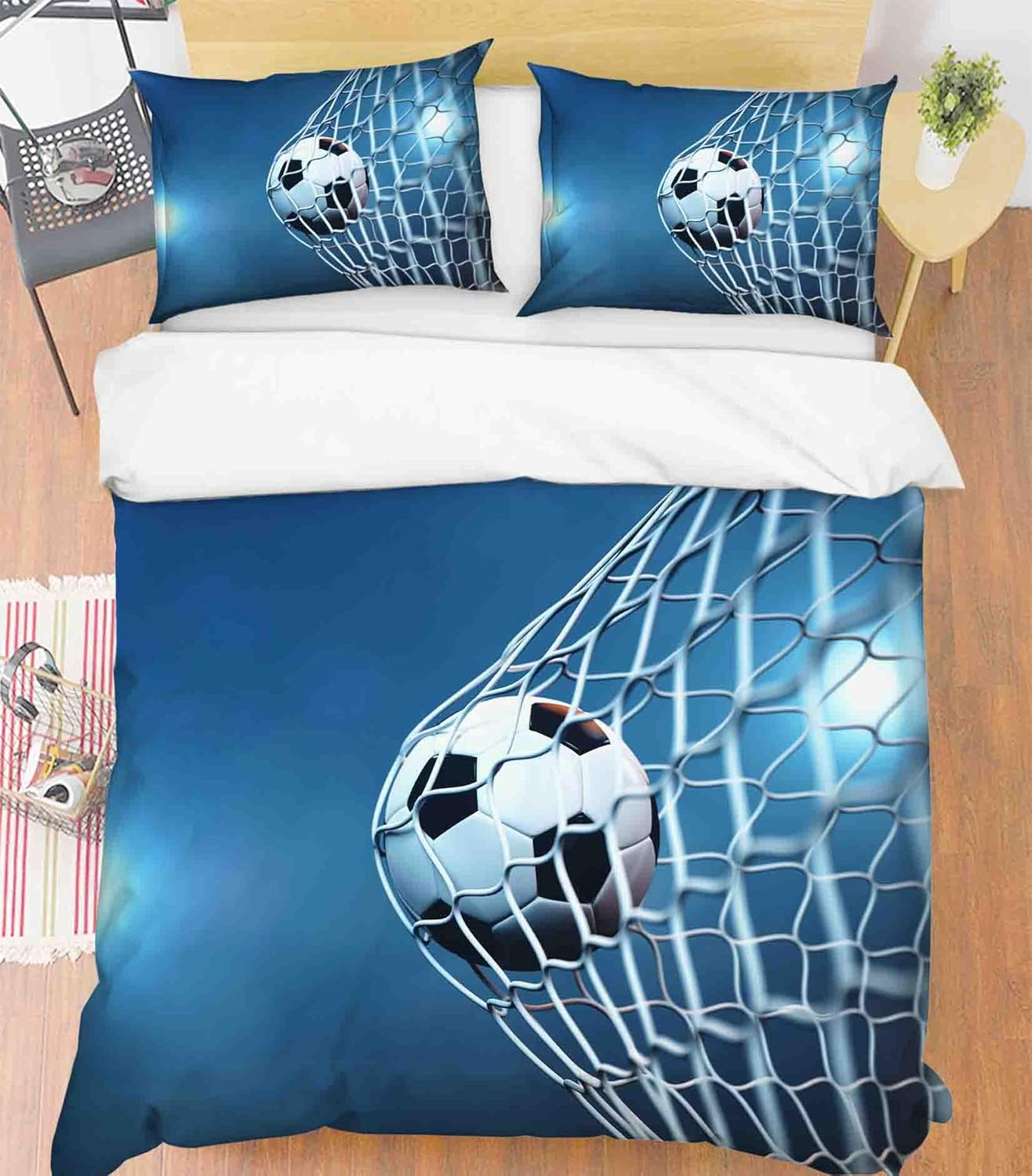 3D Sports Football Blue Quilt Cover Set Bedding Set with Pillowcases, Single/Double/Queen/King Size (Double)