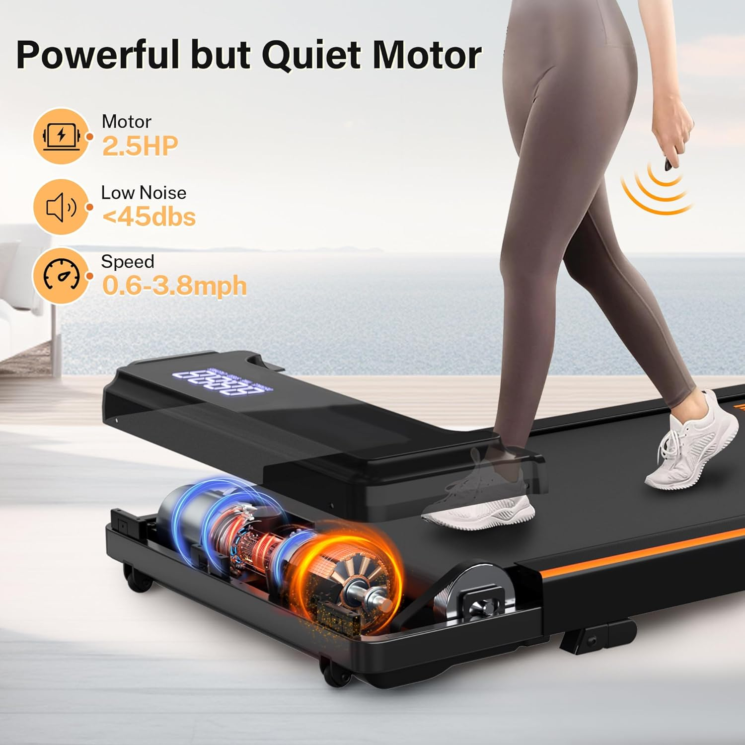 ACTFLAME Walking Pad under Desk, Portable Treadmill for Home and Office, 2 in 1 with Remote Control, 120KG Capacity, 2.5HP Compact with LED Display for Running - White image number 2