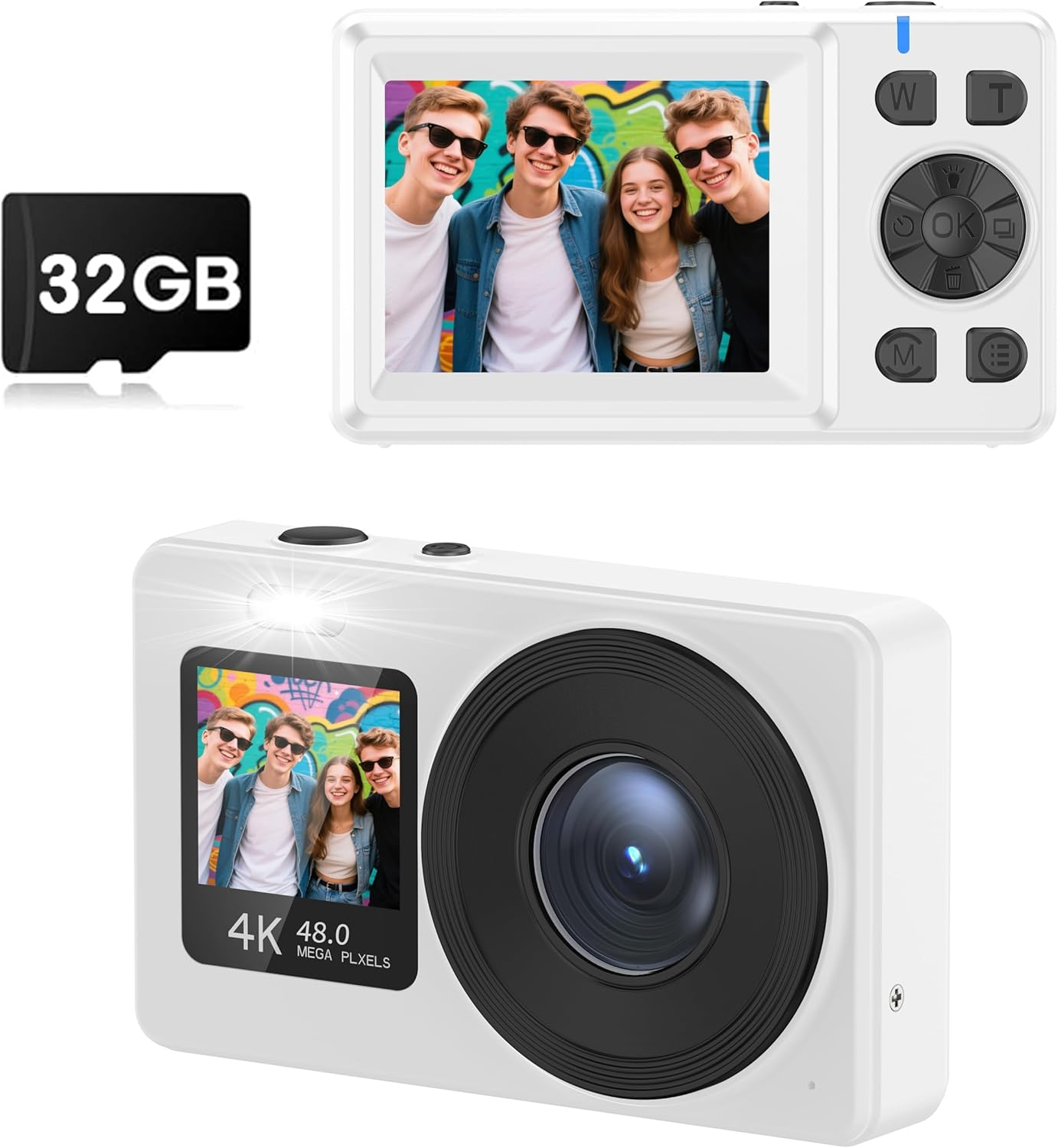 Dual-Screen 4K Digital Camera, with a 2.4" LCD Rear Screen and a 1.3" Front Screen, a 48-Megapixel Full HD Camera, an 18X Zoom Function, Nd a 64GB Memory Card, Black