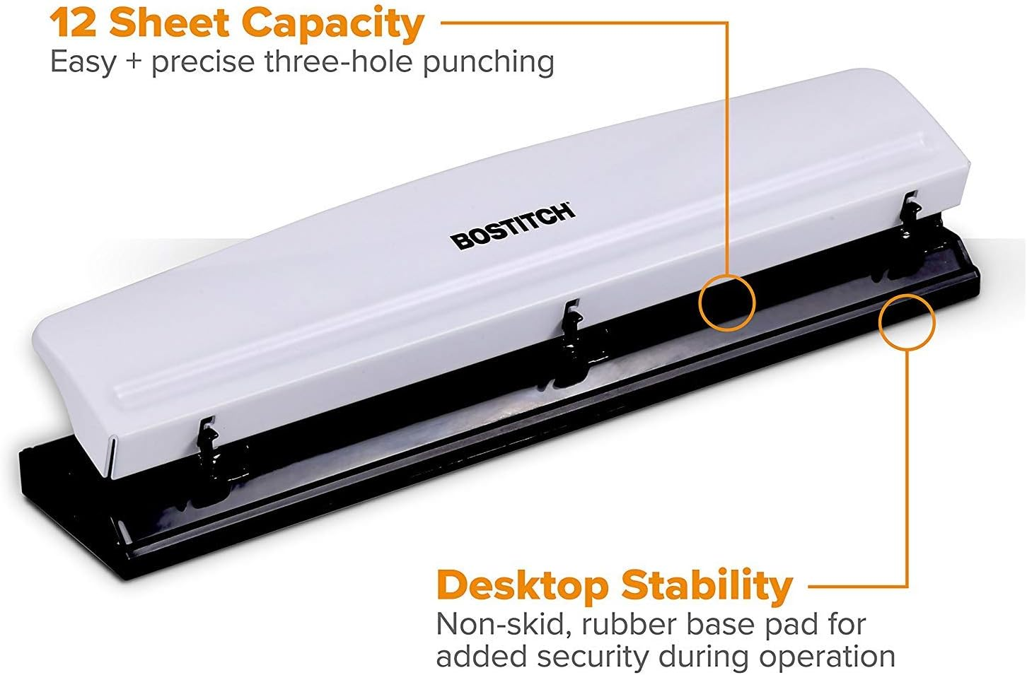 Bostitch Office 3 Hole Punch, Durable Metal,Rubber Base, 12 Sheets, White (KT-HP12-WHITE), 1-Pack