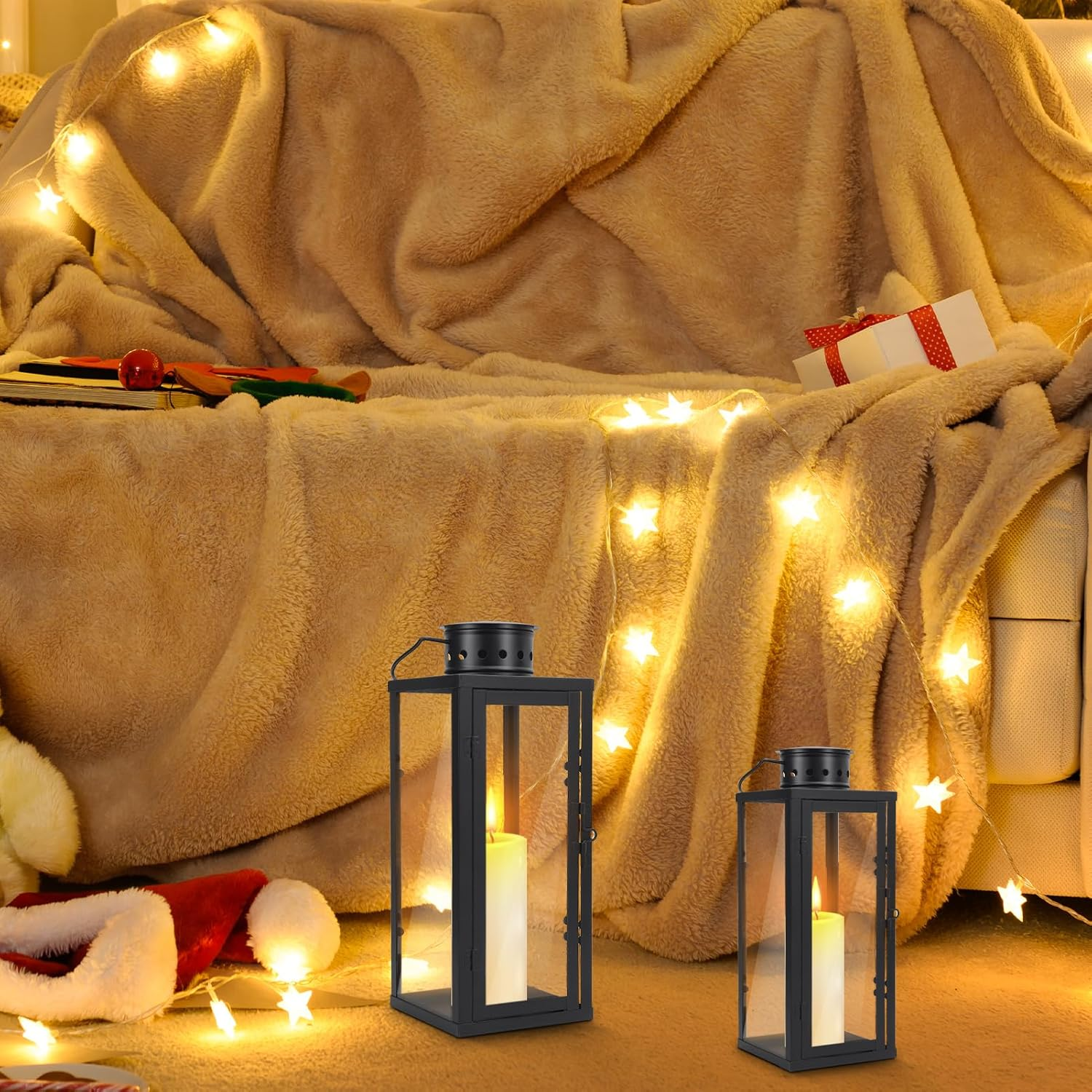 Black Metal Lantern Decorative Set, Modern Farmhouse Lantern Decor with Hurricane Glass, Set of 2 13.8" & 9.5" Vintage Hanging Tower Lantern Metal Candle Holder (13.5 * 13.5 * 35CM+10 * 10 * 24CM)