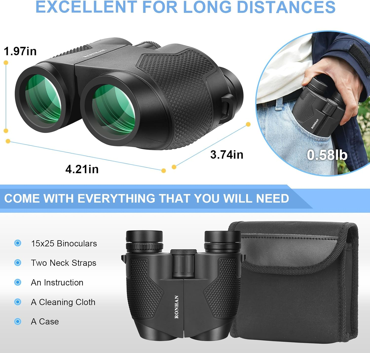 RONHAN 15&times;25 Compact Binoculars for Adults Kids, Small Binoculars with Large View Clear Low Light Vision, High Power Lightweight Binocular for Cruise Ship Bird Watching Travel with Case and Strap