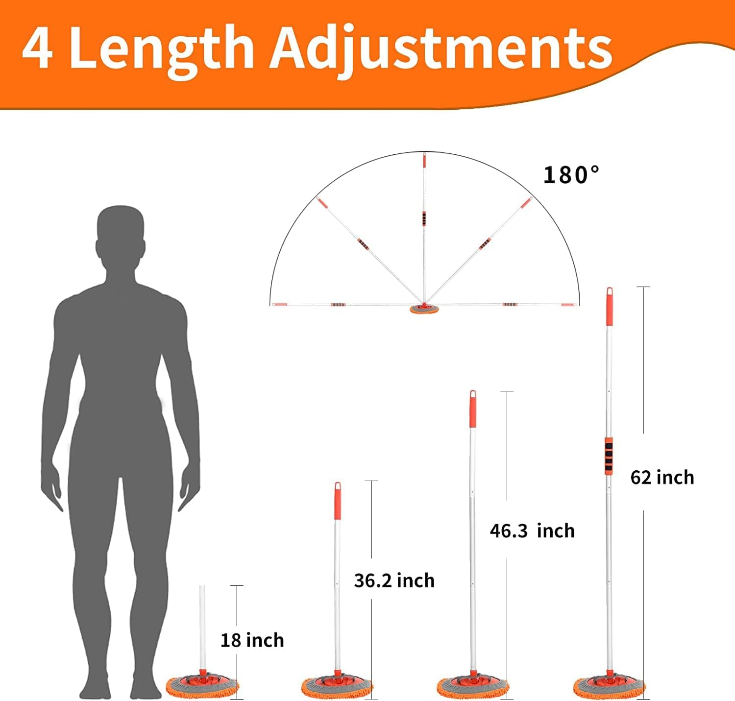 Wontolf 62'' Car Wash Brush with Long Handle Chenille Microfiber Car Wash Mop Car Washing Brush Cleaning Kit Windshield Window Squeegee Car Duster Microfiber Towels for Cars RV Truck Boat 9PCS - Orange image number 2